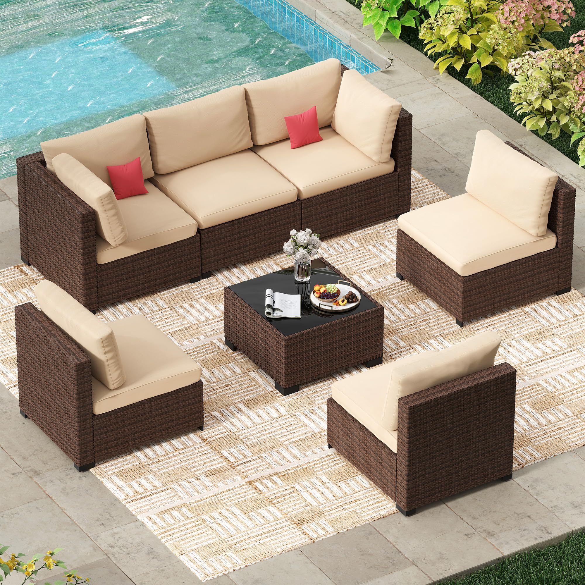 LHBcraft 7 Piece Patio Outdoor Furniture Set, Outdoor Sectional, All-Weather Manual Weaving PE Rattan Wicker Patio Sectional Sofa, Rattan Outside Furniture with Black Cushion and Glass Coffee Table