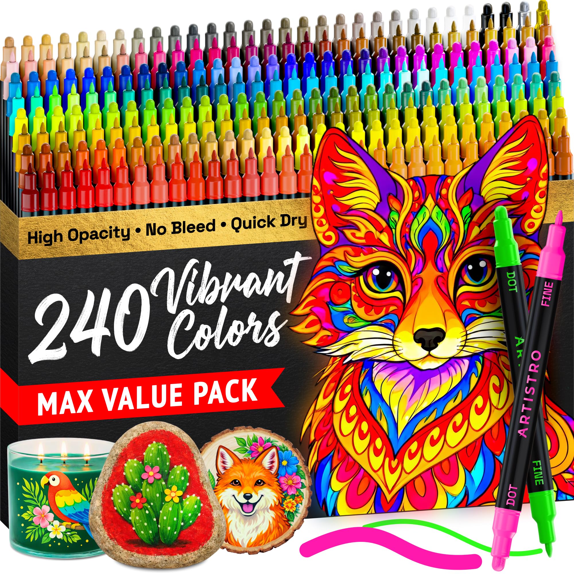 ARTISTRO 36 Dual Tip Pens, Dot & Fine Tips Paint Markers – Paint Pens Set for Fabric, Rock, Glass, Wood, Coloring Books – Arts & Crafts Gift – Classroom Must Haves & School Supplies