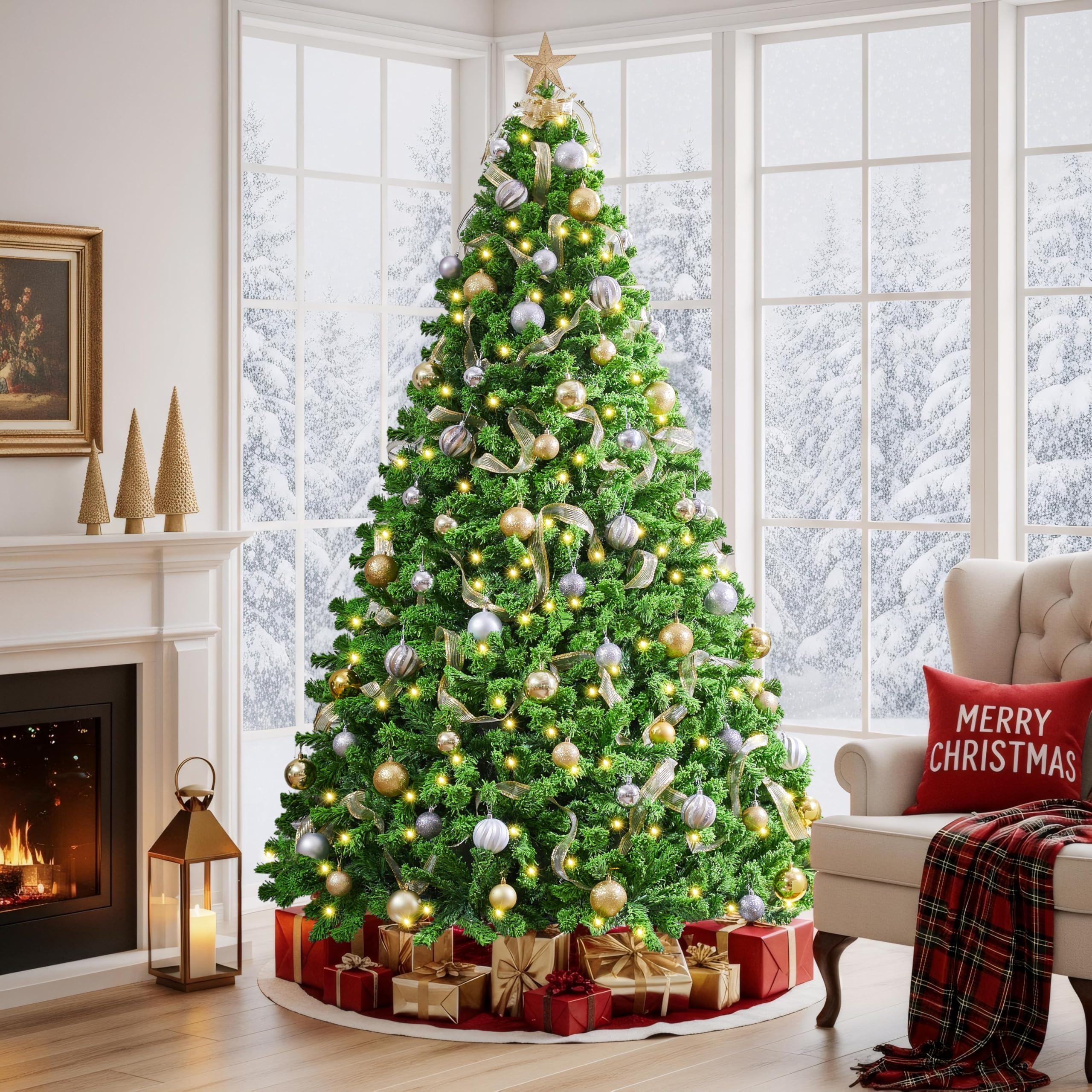 Yaheetech 6ft Snow Flocked Pre-lit Christmas Tree with 250 Warm White Lights, 820 Lush Branch Tips & Quick-Assembly Hinged Design, Full Artificial Xmas Tree for Winter Holiday Décor, Green & White