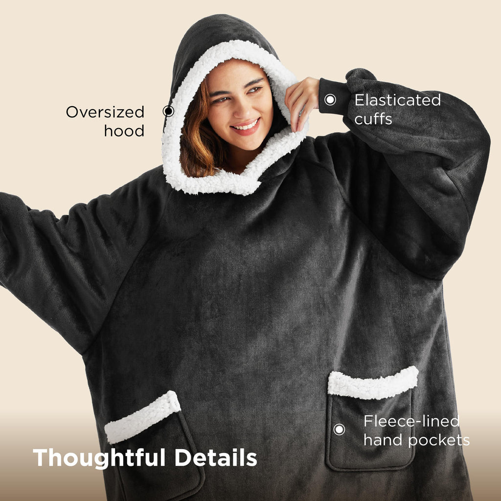 Bedsure Blanket Hoodie, Wearable Blanket Hoodie as Gifts for Mom, Birthday Gifts for Women Kids Teens Mother's Day Sherpa Sweatshirt, Grey, Standard
