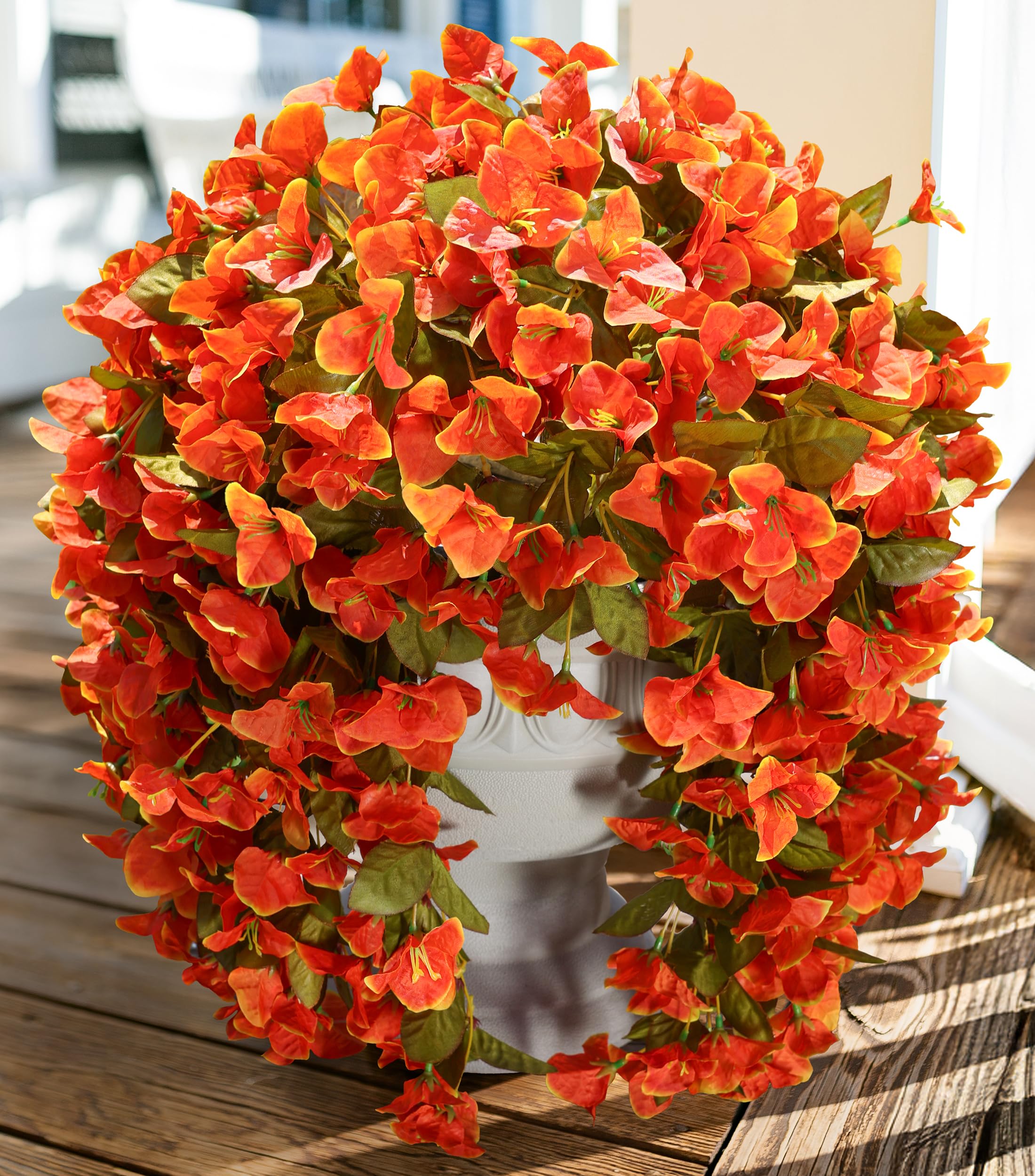 Artificial Bougainvillea Faux Flowers Plants for Outdoors Outside Fall Autumn Decor, 2 PCS Silk Trailing Vines UV Resistant Realistic Orange Fake Flowers for Planter Front Door Porch Patio Balcony