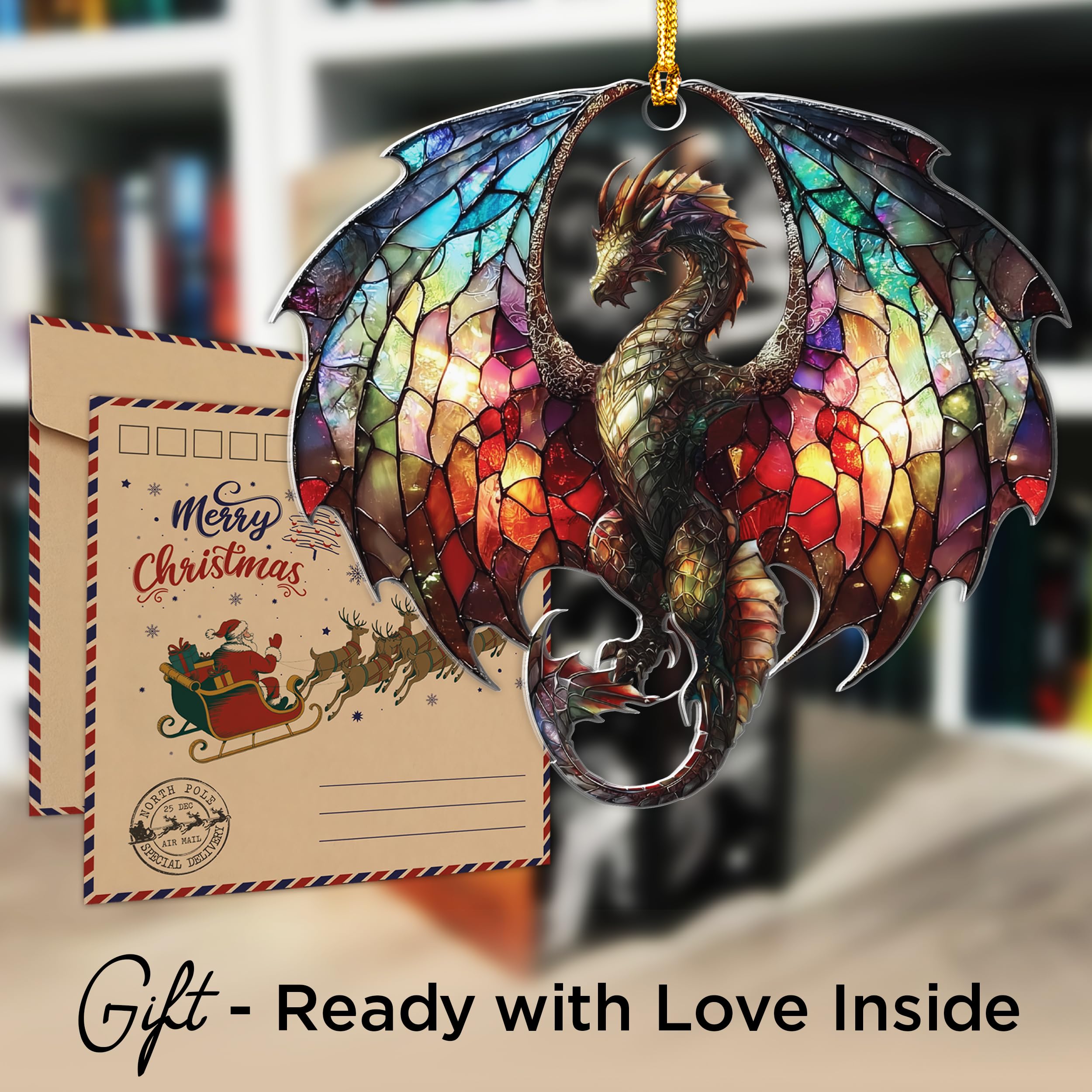 Dragon Stained Glass Ornament - Christmas Ornaments 2025 - Dragon Suncatcher for Christmas Tree Decorations - Dragons Gifts for Men, Women - Gothic Christmas Ornaments - New Year Gift