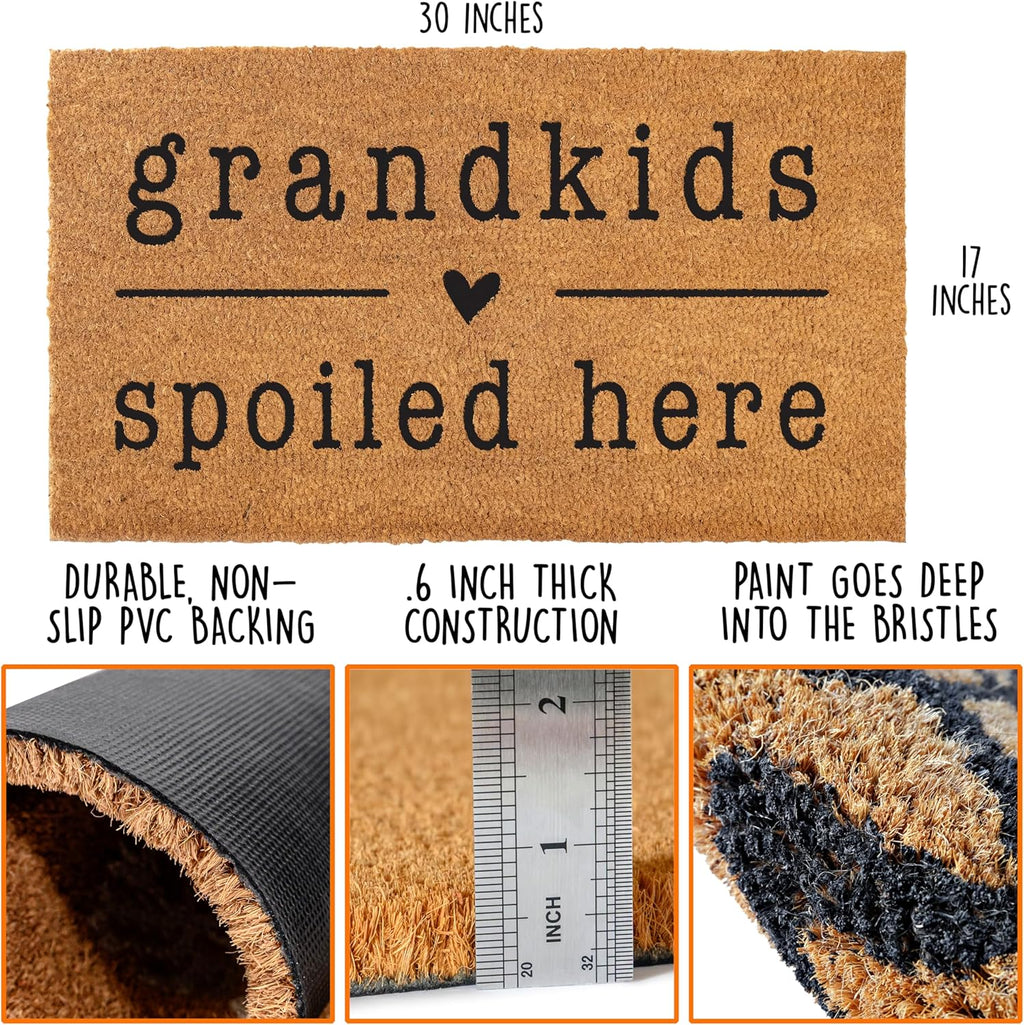 MAINEVENT Grandkids Spoiled Here Door Mat 30x17 Inch, Coir Doormat for Covered Outdoor Area, Welcome Mat w/Non-Slip PVC Backing, Grandchildren Gift for Grandparents