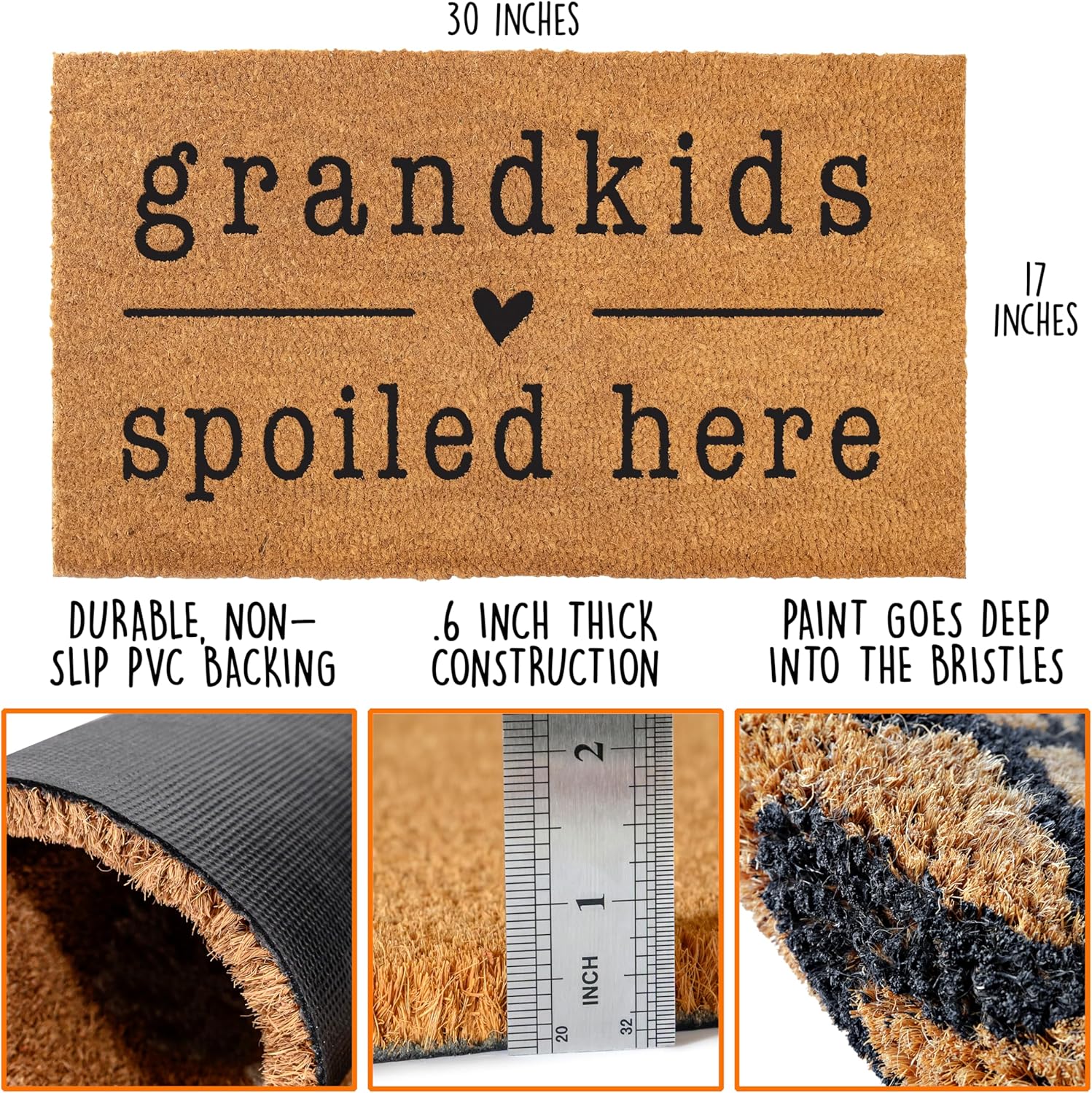 MAINEVENT Grandkids Spoiled Here Door Mat 30x17 Inch, Coir Doormat for Covered Outdoor Area, Welcome Mat w/Non-Slip PVC Backing, Grandchildren Gift for Grandparents