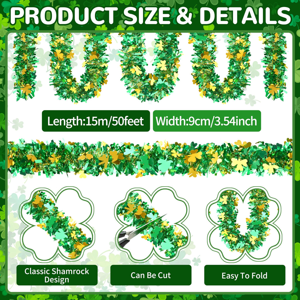 50FT St. Patrick's Day Tinsel Garland Shamrock Hat Green Gold Metallic Tinsel Twist Garland for Irish Saint Patricks Day Party Home Decor Indoor Outdoor Decoration