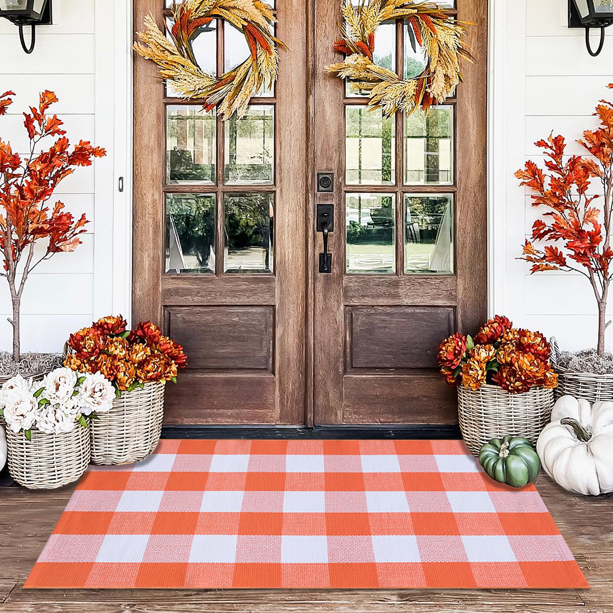 Orange and Black Plaid Rug, 28'' x 43'' Fall Outdoor Front Door Decor Mat, Cotton Washable Hand-Woven Rug for Layered Doormat, Autumn Halloween Thanksgiving Carpet for Porch, Entryway