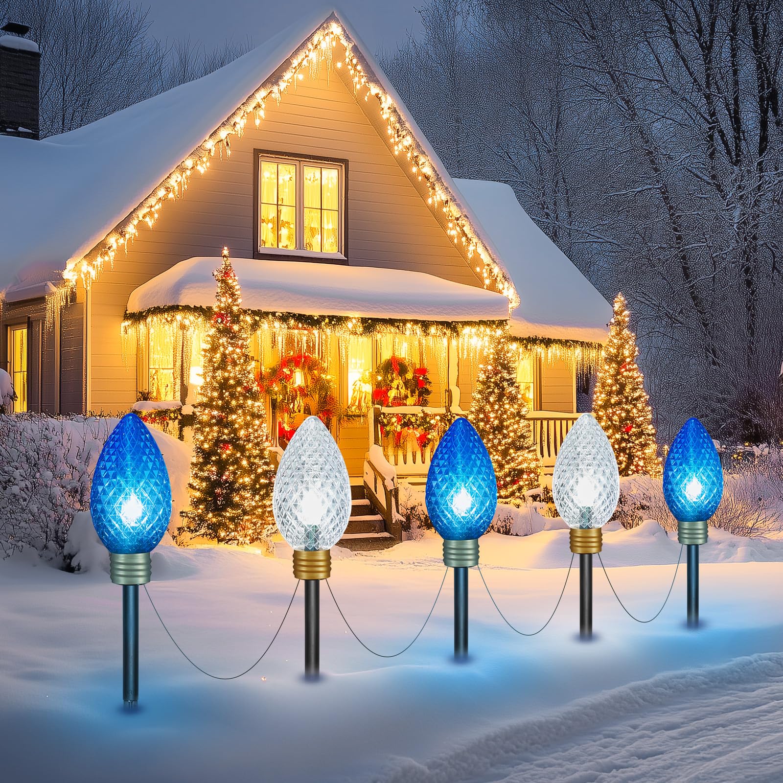 Jumbo C9 Christmas Pathway Lights Outdoor - 8.5 Feet 5 LED C9 Walkway Light, C7 Light Covered Jumbo Multicolor Bulb Christmas Lights Outdoor Decorations for Lawn Holiday Outside Yard Garden