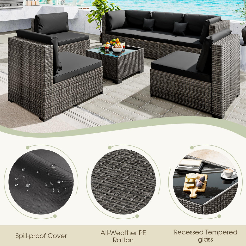 LHBcraft 7 Piece Patio Outdoor Furniture Set, Outdoor Sectional, All-Weather Manual Weaving PE Rattan Wicker Patio Sectional Sofa, Rattan Outside Furniture with Black Cushion and Glass Coffee Table