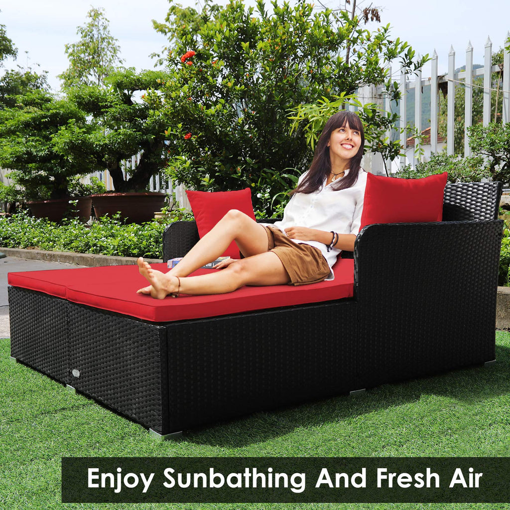Tangkula Patio Rattan Daybed with Retractable Canopy, Outdoor Wicker Sunbed Lounger with 2 Foldable Side Tables, Thick Seat & Back Cushions, Outside Double Daybed for Garden, Backyard, Porch
