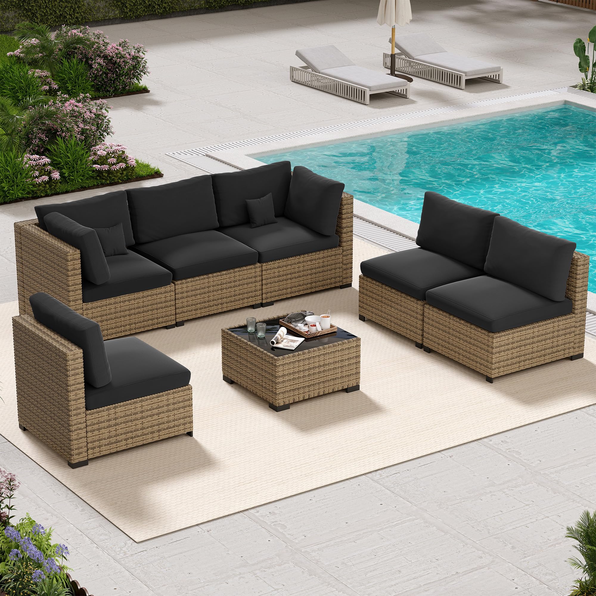 LHBcraft 7 Piece Patio Outdoor Furniture Set, Outdoor Sectional, All-Weather Manual Weaving PE Rattan Wicker Patio Sectional Sofa, Rattan Outside Furniture with Black Cushion and Glass Coffee Table