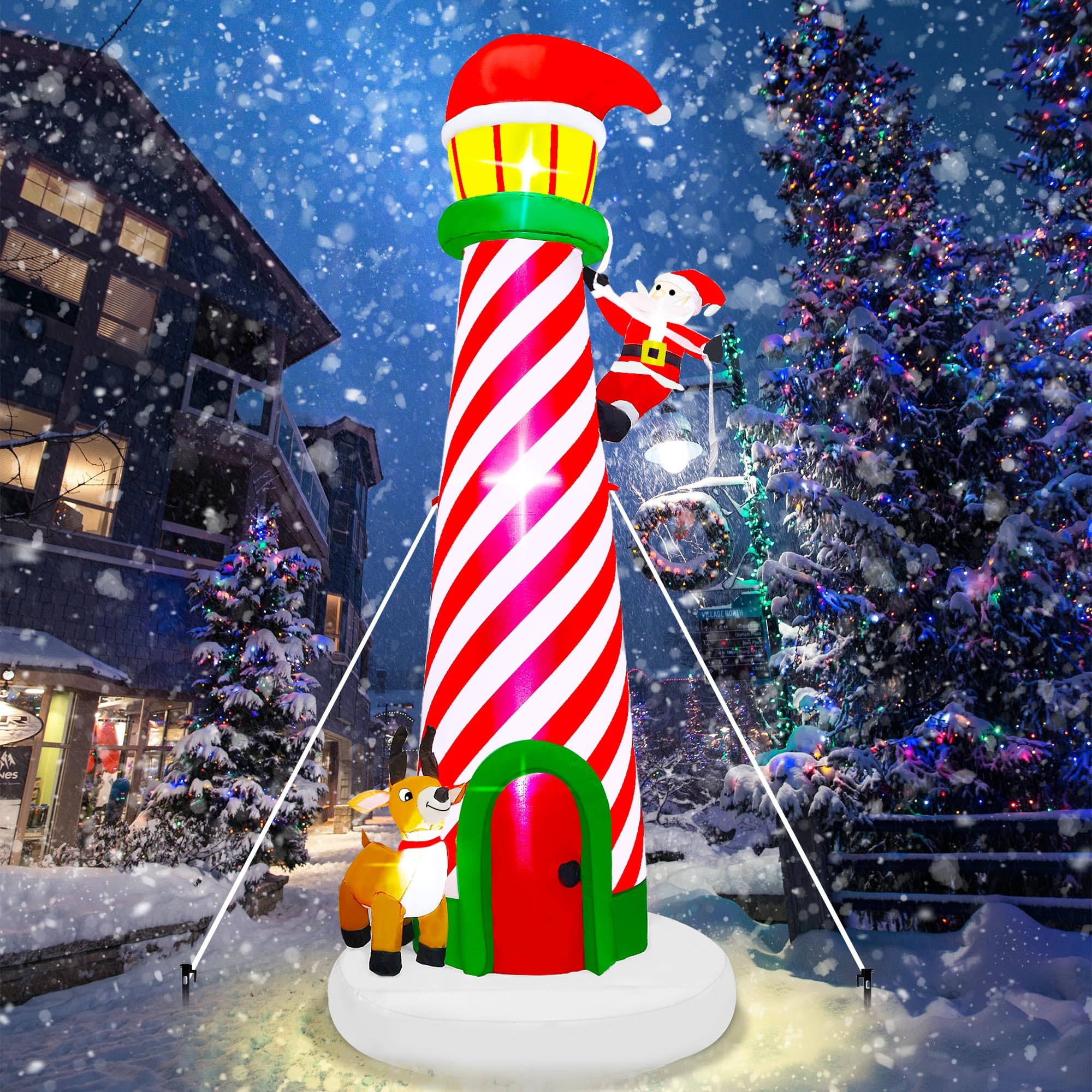 Lulu Home 9FT Christmas Inflatable Decorations, Giant Lighted Lighthouse with Santa and Reindeer, Xmas Blowups with Drawstring Bags for Winter Holiday Yard Lawn Garden Outdoor Decor