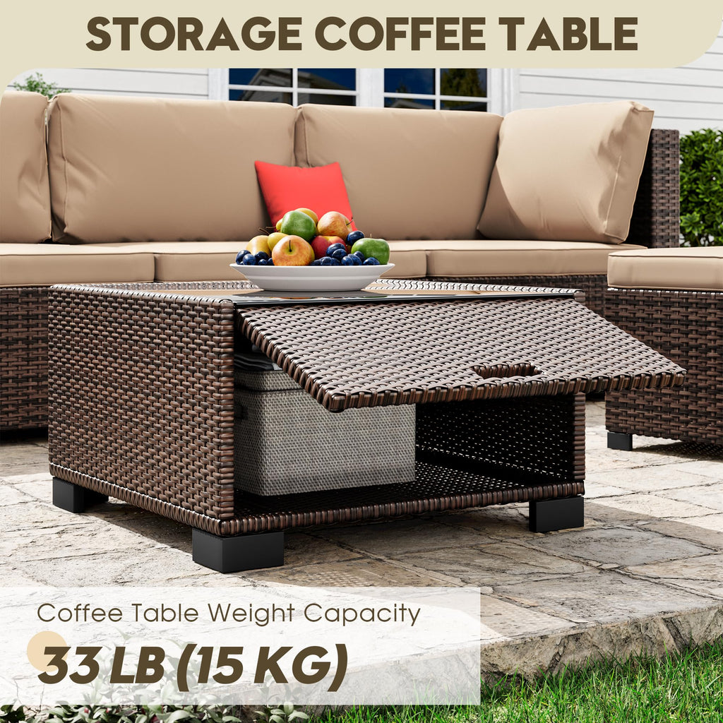LHBcraft 7 Piece Patio Outdoor Furniture Set, Outdoor Sectional, All-Weather Manual Weaving PE Rattan Wicker Patio Sectional Sofa, Rattan Outside Furniture with Black Cushion and Glass Coffee Table
