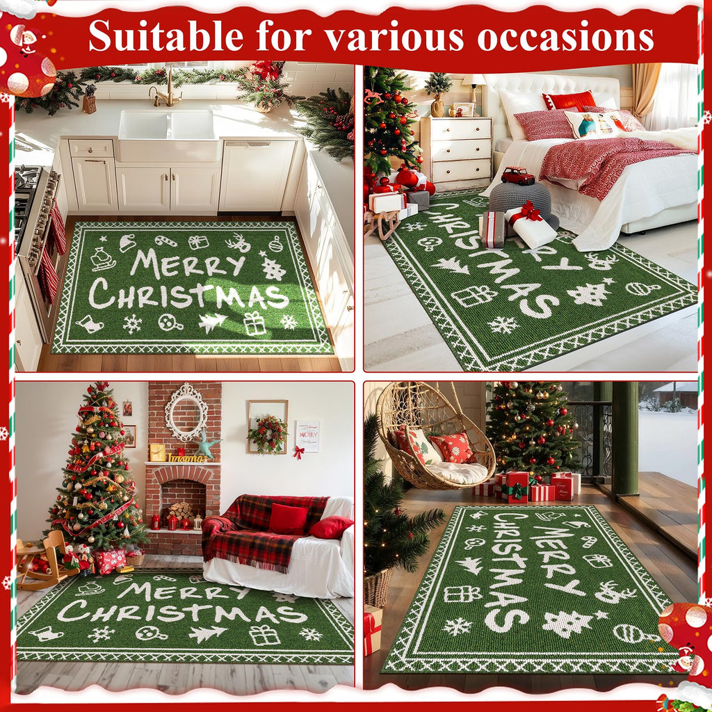 Ileading Christmas Entrance Door Mat, Absorbent Dog Mats for Muddy Paws, Low-Profile Small Red Xmas Decor Kitchen Runner Rug with Non-Slip Backing, Machine Washable Entryway Welcome Mat(Red 24"X36")