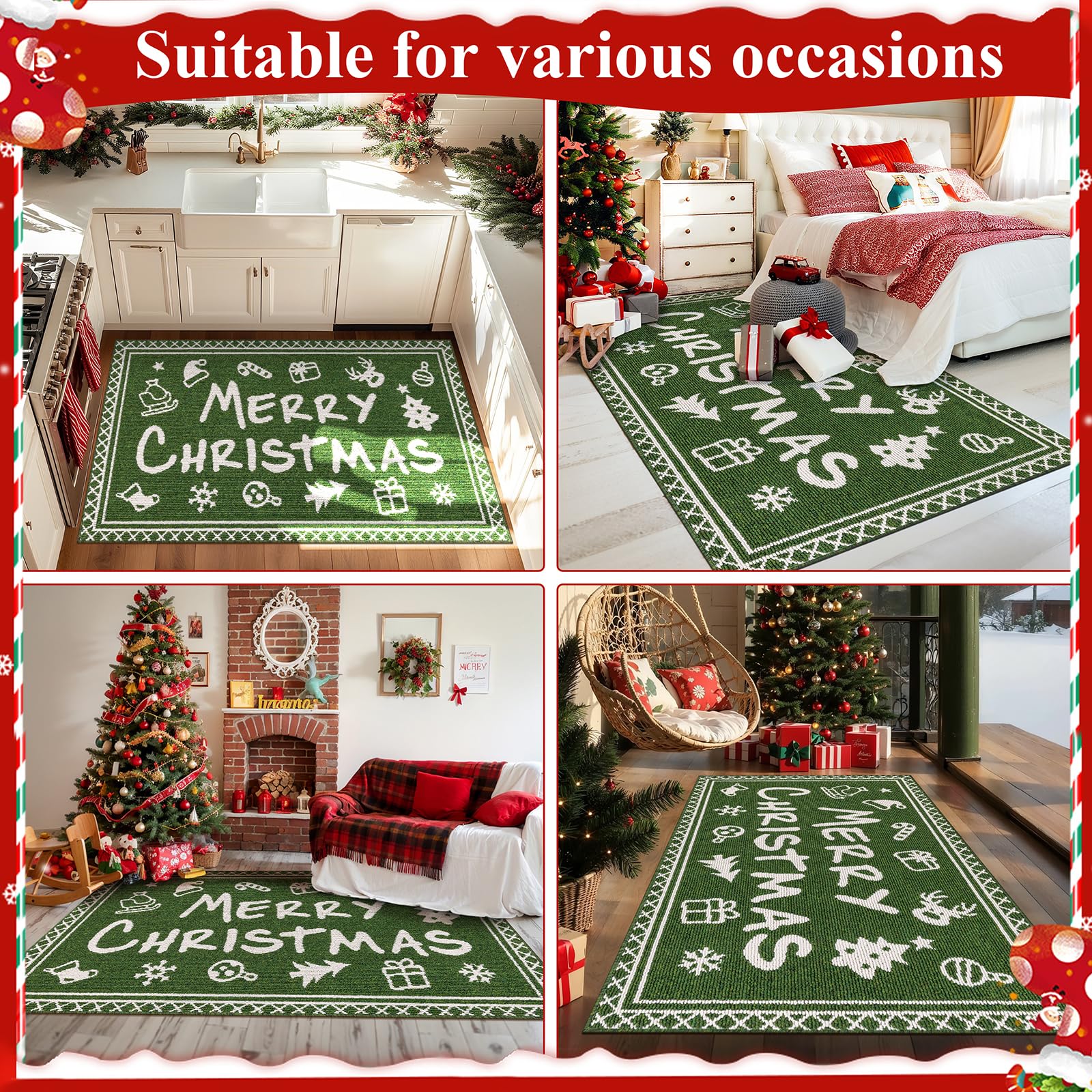 Ileading Christmas Entrance Door Mat, Absorbent Dog Mats for Muddy Paws, Low-Profile Small Red Xmas Decor Kitchen Runner Rug with Non-Slip Backing, Machine Washable Entryway Welcome Mat(Red 24"X36")