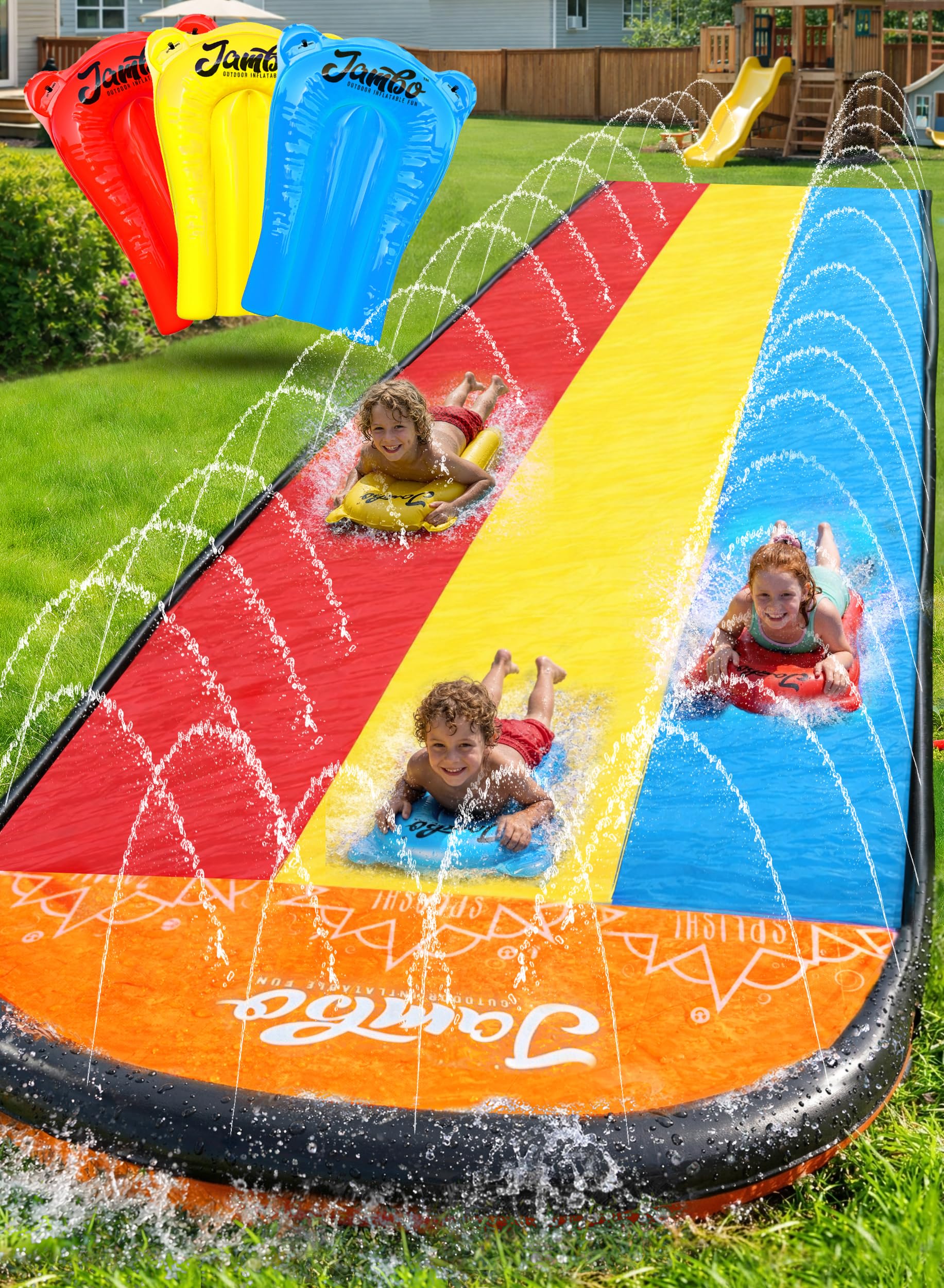 JAMBO Premium Triple Water Slide with 3 Bodyboards, 20Ft Heavy Duty Slip Splash and Slides-Advanced 3-Way Sprinkler System, Splash Pad Mat Backyard Summer Outdoor Water Toys n Long Slides for Kids
