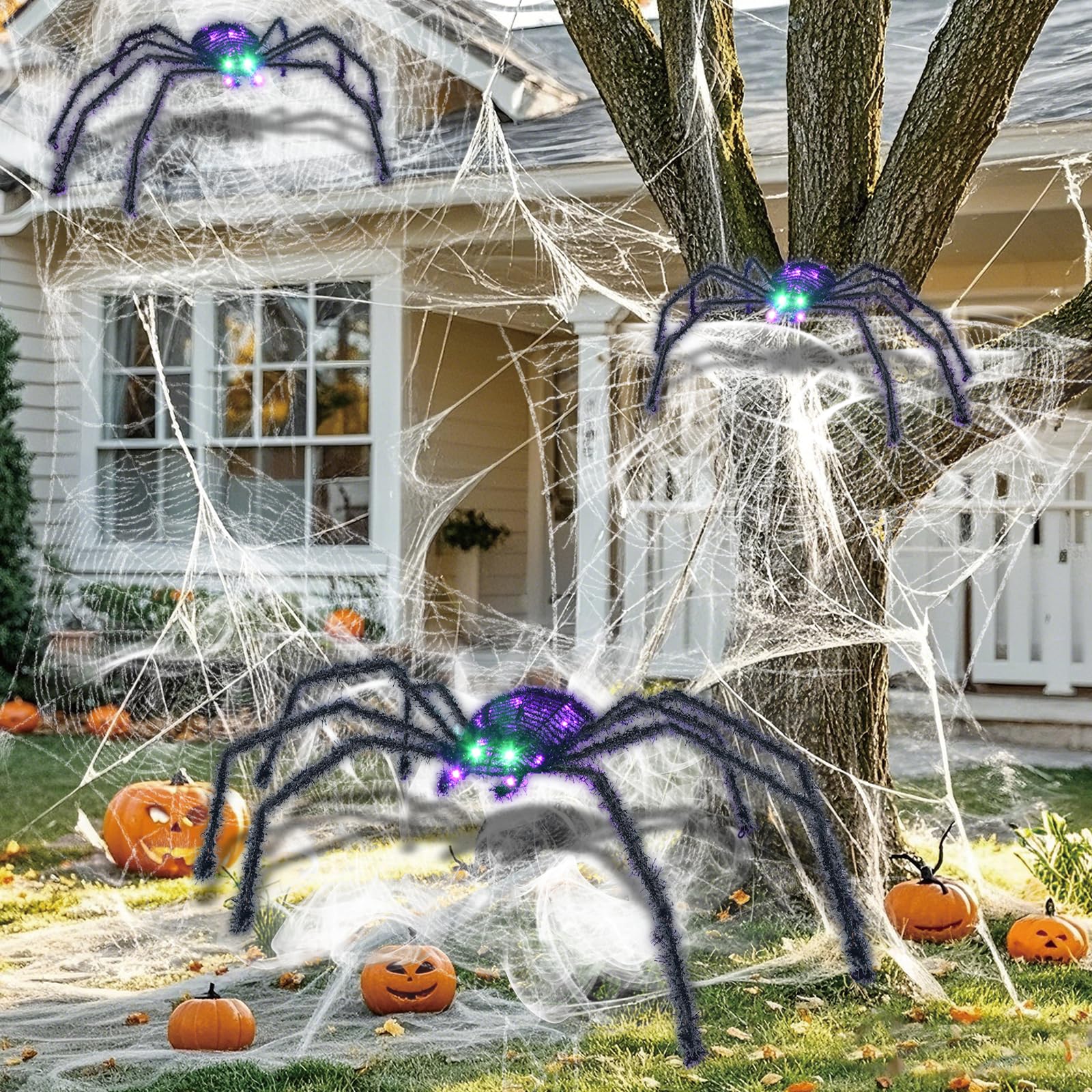 Halloween Decorations Outside Giant Spider - HOYECHI Outdoor Halloween Decor Lighted Spider 4.2FT, Light Up Spider with 90 LED Lights, Ground Stakes, for Front Yard Porch Gardens Lawns Party