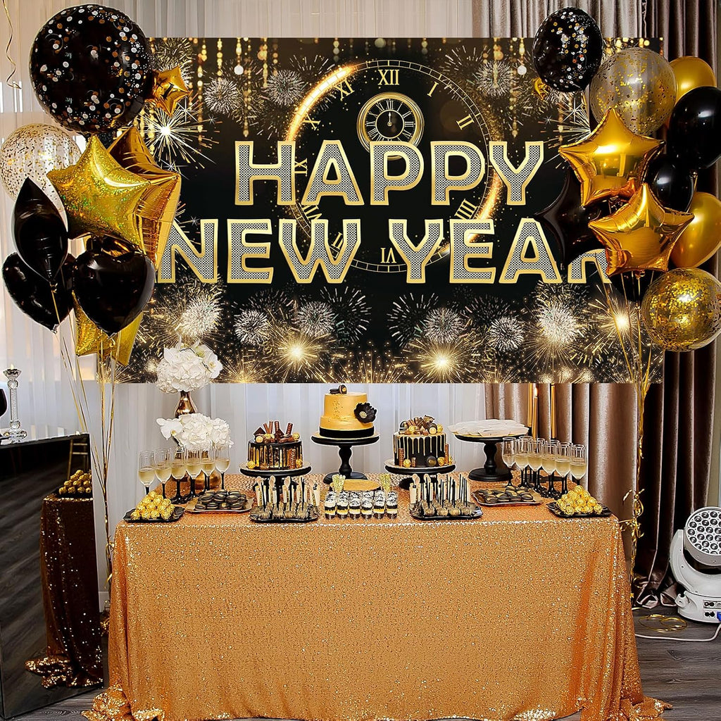 HAPPY NEW YEAR Hanging Extra Large Fabric Sign Poster Black Background Banner with Firework Pattern for New year Party Decorations