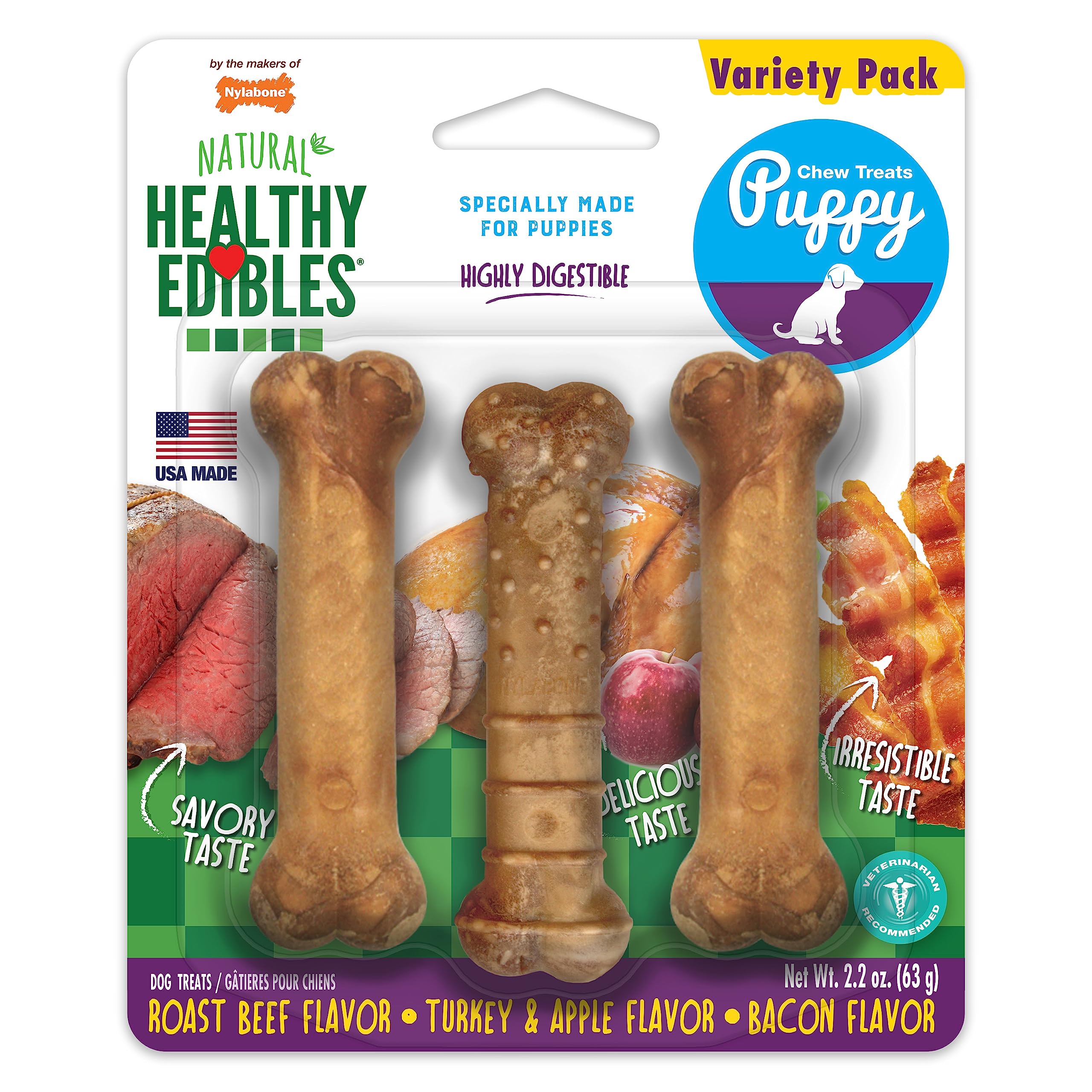 Nylabone Healthy Edibles Natural Puppy Chews Long Lasting Treats for Puppies, Roast Beef/Apple/Bacon Dog Treats, X-Small/Petite (3 Count)