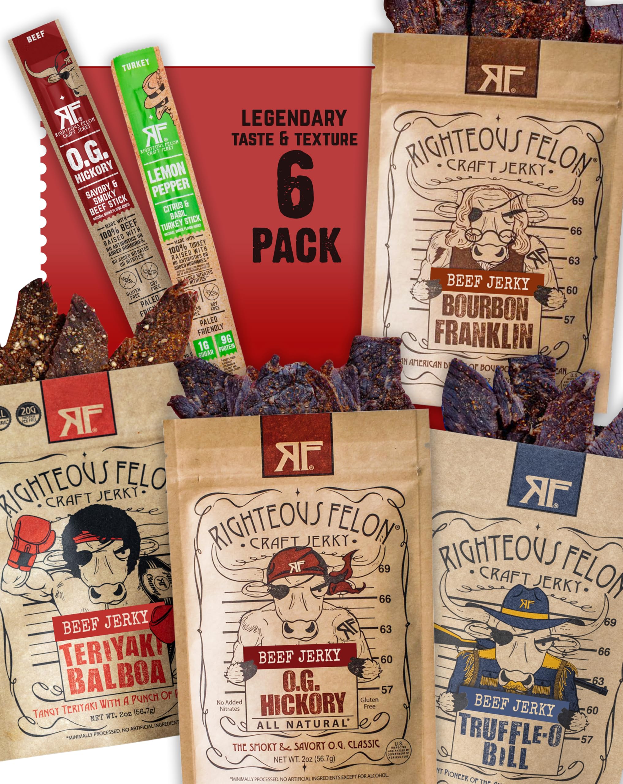 Righteous Felon Beef Jerky & Meat Sticks Variety Pack - Father's Day Jerky Sampler for Dad - Gluten Free Beef Jerky Snack Packs - High Protein, Keto, Low Sugar - Gifts for Men - 11 Pack Sampler