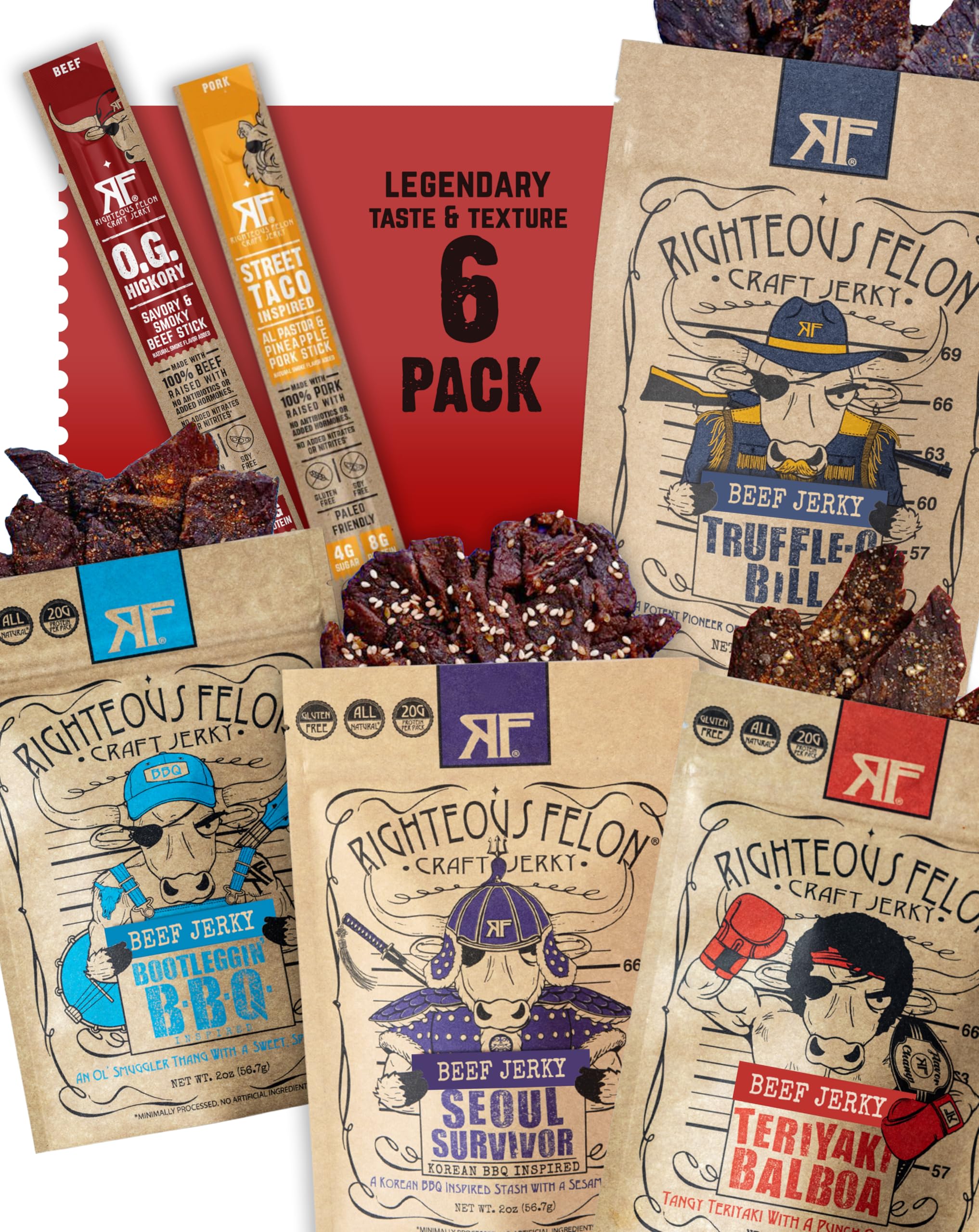 Righteous Felon Beef Jerky & Meat Sticks Variety Pack - Father's Day Jerky Sampler for Dad - Gluten Free Beef Jerky Snack Packs - High Protein, Keto, Low Sugar - Gifts for Men - 11 Pack Sampler