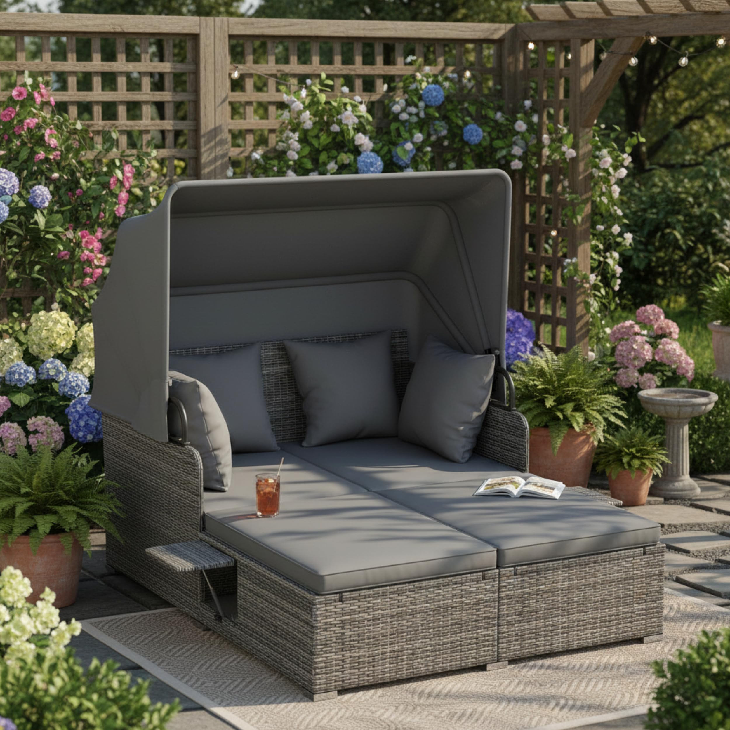Tangkula Patio Rattan Daybed with Retractable Canopy, Outdoor Wicker Sunbed Lounger with 2 Foldable Side Tables, Thick Seat & Back Cushions, Outside Double Daybed for Garden, Backyard, Porch