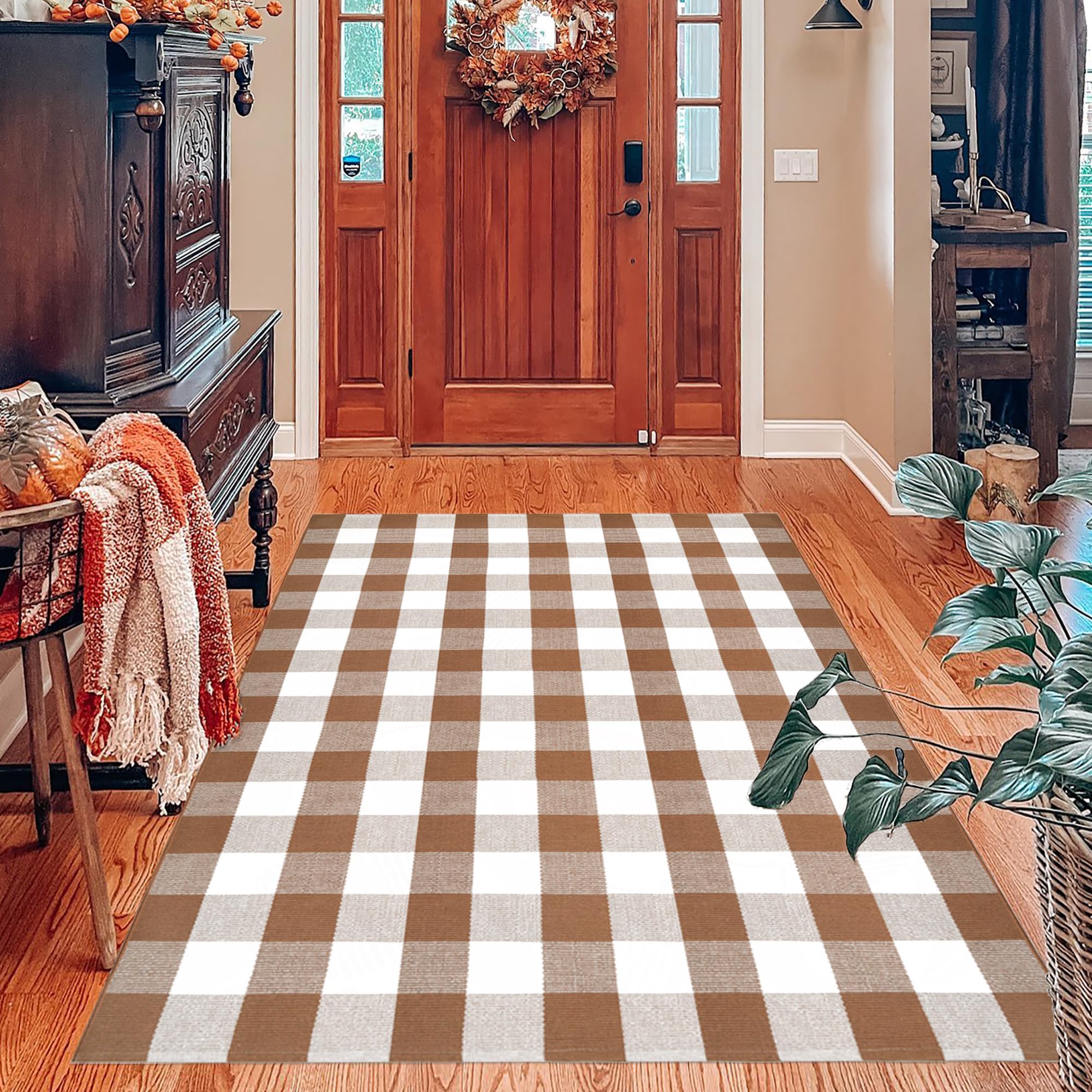 Orange and Black Plaid Rug, 28'' x 43'' Fall Outdoor Front Door Decor Mat, Cotton Washable Hand-Woven Rug for Layered Doormat, Autumn Halloween Thanksgiving Carpet for Porch, Entryway