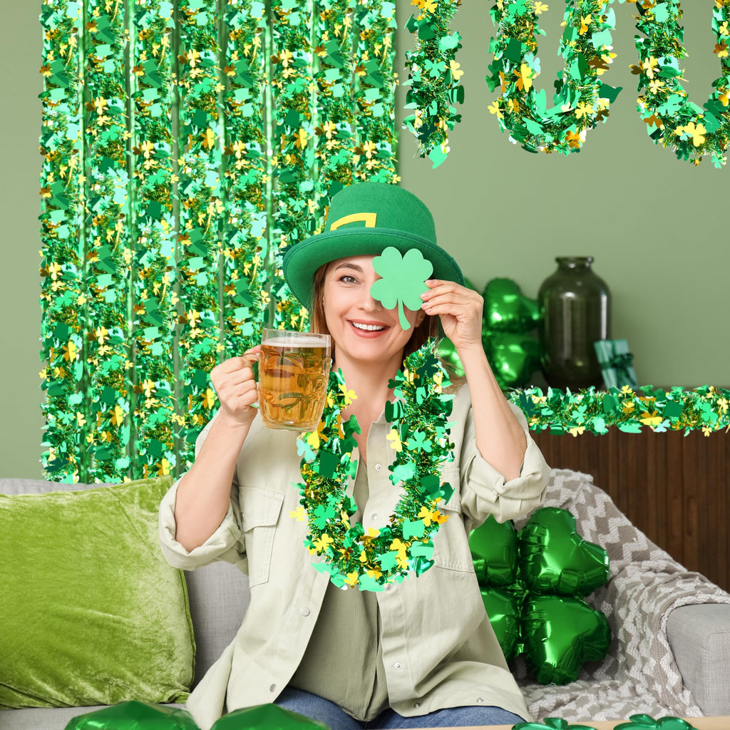 50FT St. Patrick's Day Tinsel Garland Shamrock Hat Green Gold Metallic Tinsel Twist Garland for Irish Saint Patricks Day Party Home Decor Indoor Outdoor Decoration