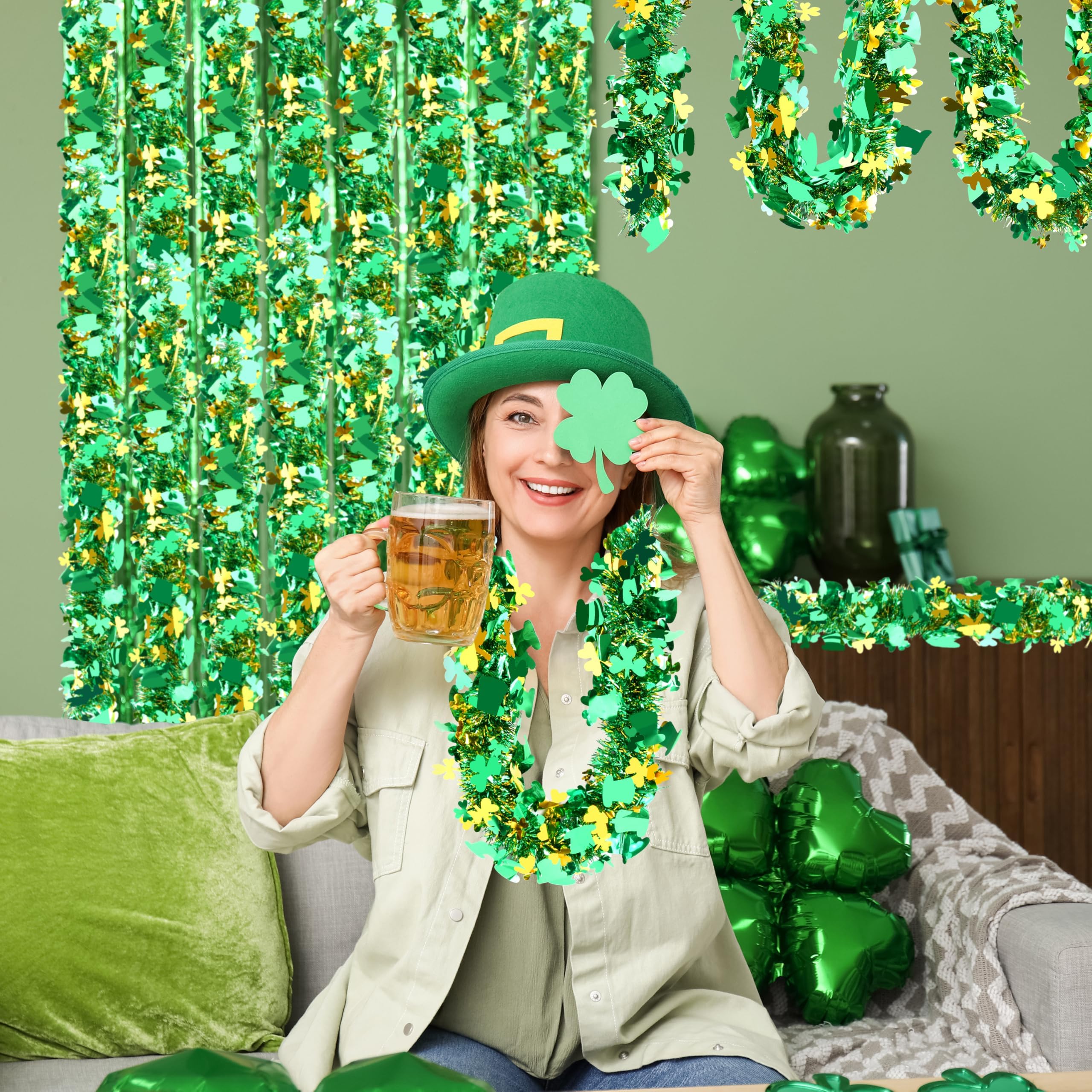 50FT St. Patrick's Day Tinsel Garland Shamrock Hat Green Gold Metallic Tinsel Twist Garland for Irish Saint Patricks Day Party Home Decor Indoor Outdoor Decoration