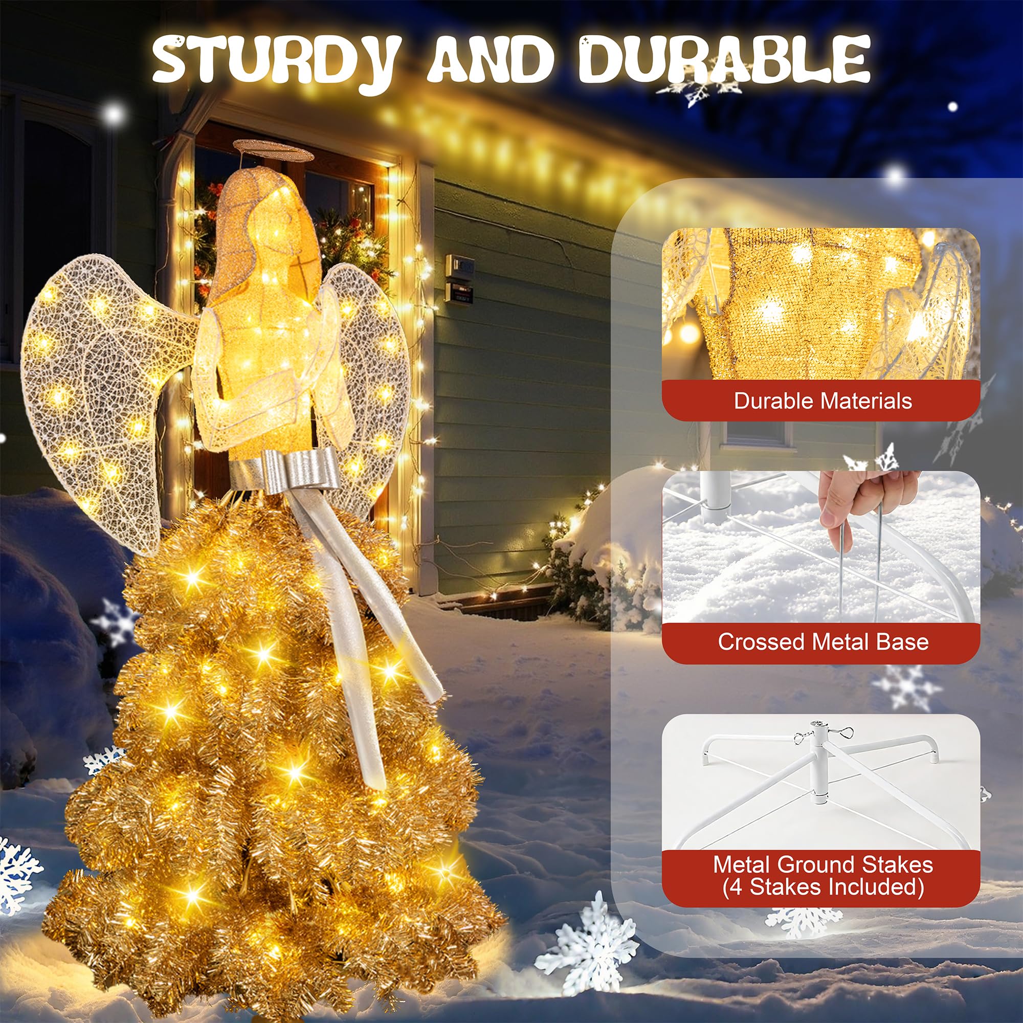 Shintenchi 5FT Lighted Christmas Angel, Outdoor Xmas Decoration with 150 LED Lights, Pre-lit 3D Glittered Angel for Lawn Yard Garden with Ground Stakes and Zip Ties, Warm Golden Color