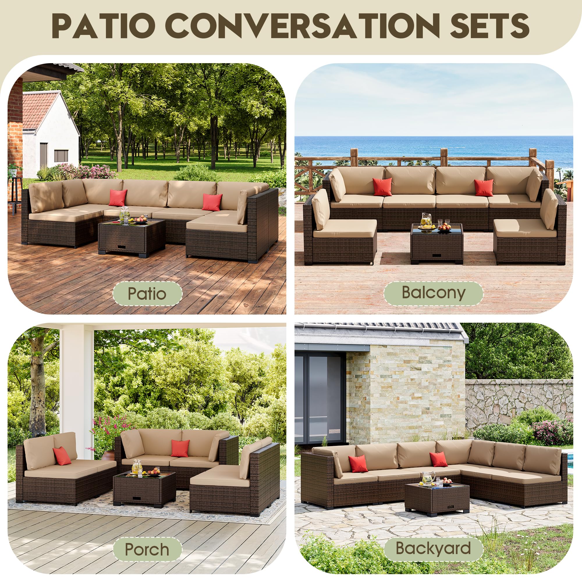 LHBcraft 7 Piece Patio Outdoor Furniture Set, Outdoor Sectional, All-Weather Manual Weaving PE Rattan Wicker Patio Sectional Sofa, Rattan Outside Furniture with Black Cushion and Glass Coffee Table
