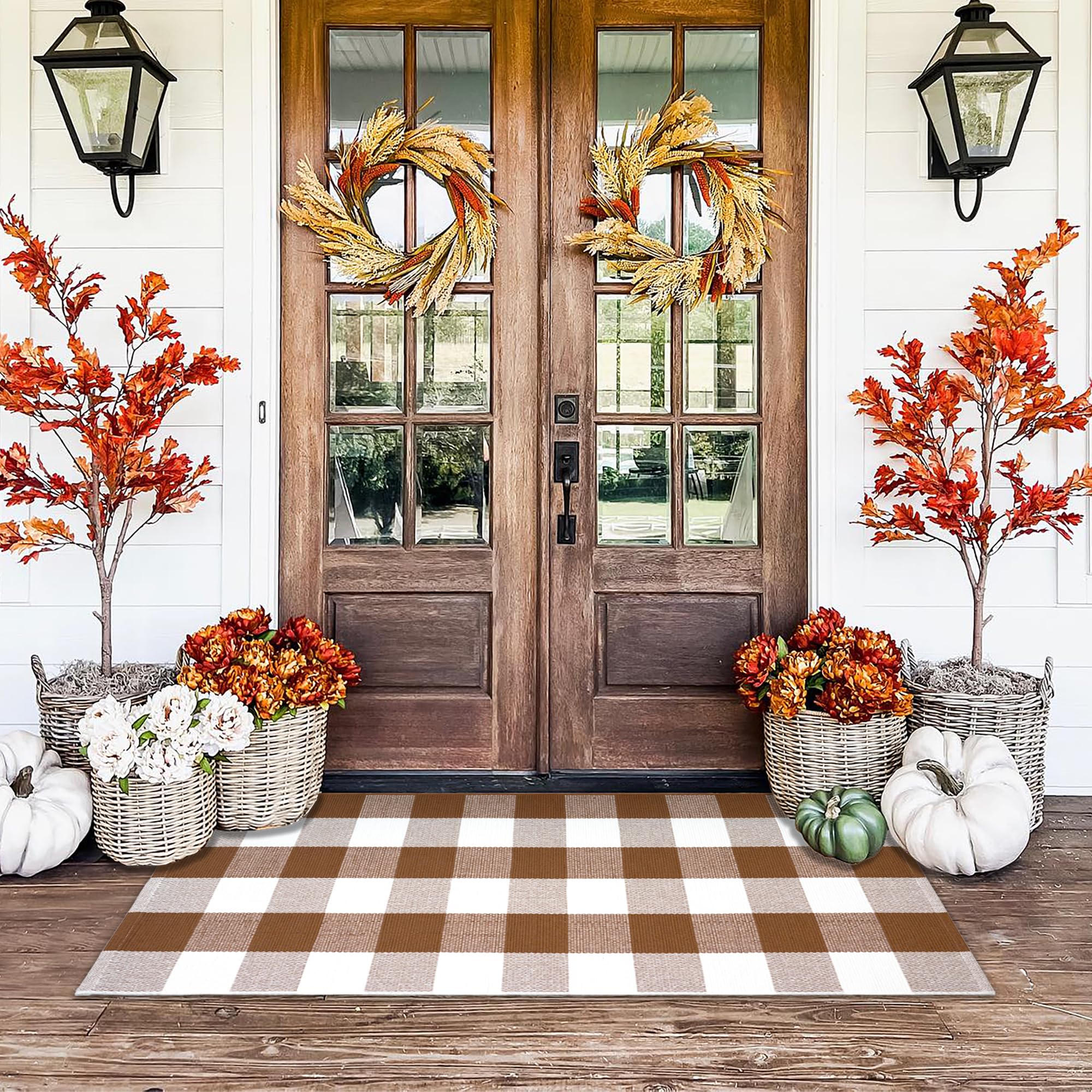 Orange and Black Plaid Rug, 28'' x 43'' Fall Outdoor Front Door Decor Mat, Cotton Washable Hand-Woven Rug for Layered Doormat, Autumn Halloween Thanksgiving Carpet for Porch, Entryway