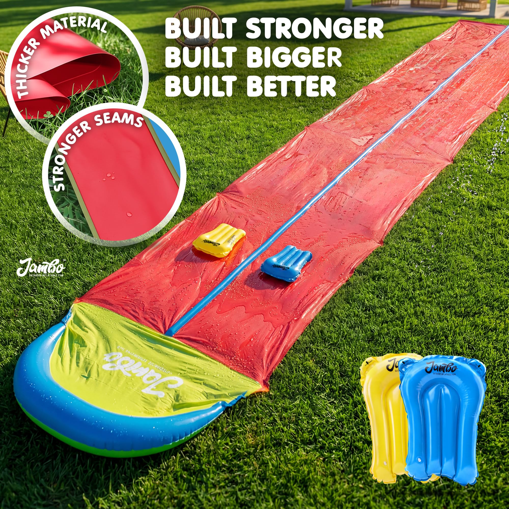 JAMBO Premium Triple Water Slide with 3 Bodyboards, 20Ft Heavy Duty Slip Splash and Slides-Advanced 3-Way Sprinkler System, Splash Pad Mat Backyard Summer Outdoor Water Toys n Long Slides for Kids