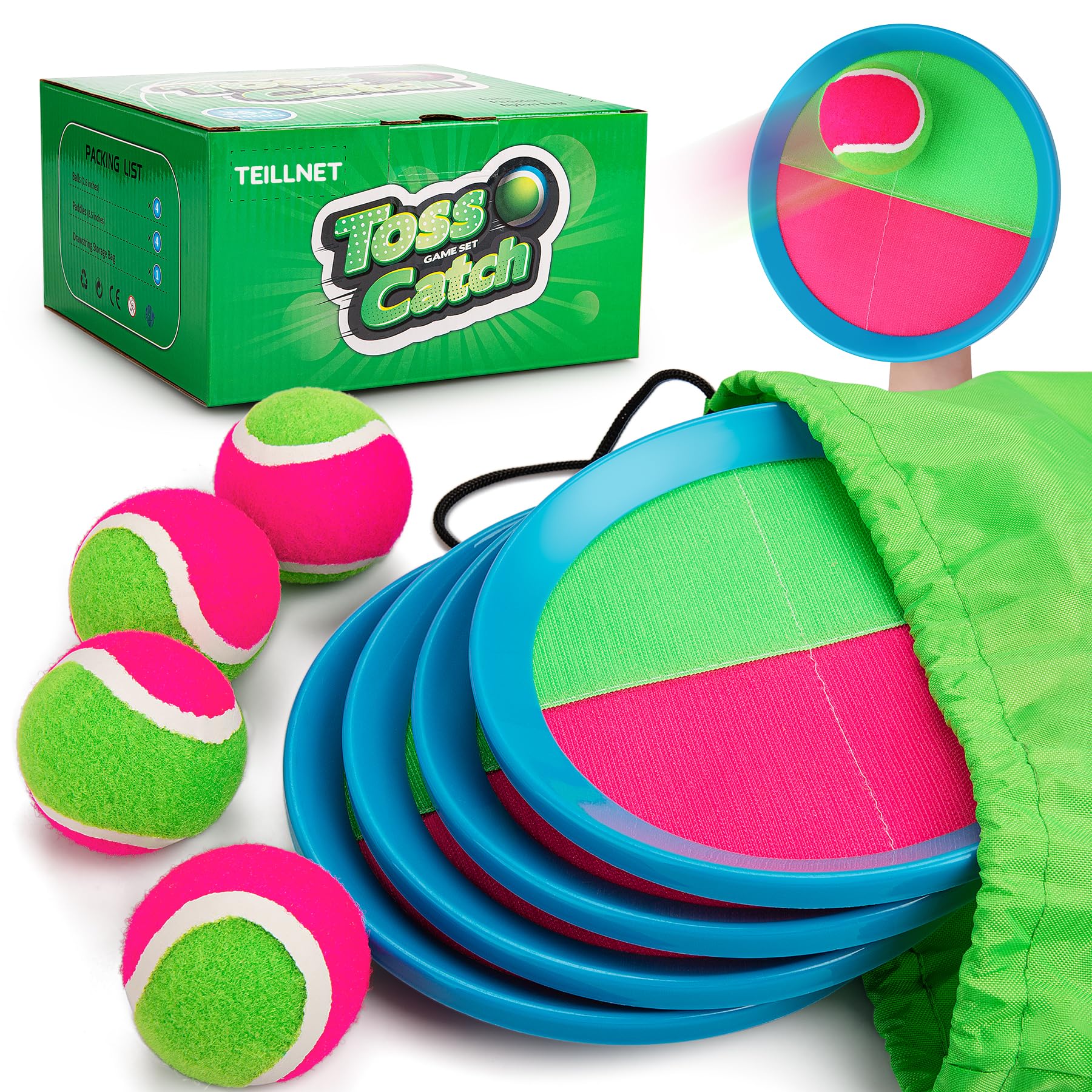 TEILLNET Toss and Catch Ball Set Upgraded - Kids Toys Beach Toys Baseball Games - Sturdy & Water-Resistant for Outdoor Pool Yard Games - Classic Gift for Boys Girls 3 4 5 6 7 8 9 10 11 12+ Years