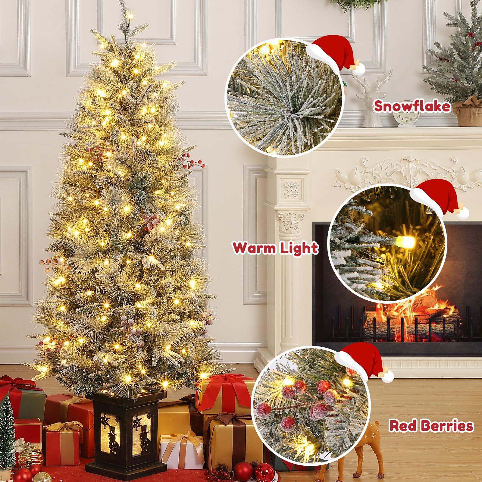3FT Prelit Premium Snow Flocked Artificial Christmas Tree with Warm White LED, Mini Prelit Xmas Pine Tree for Christmas Decoration,Yard,Home,Office,Outdoor,Indoor,8 Mode Snowflake White Base- 1PC