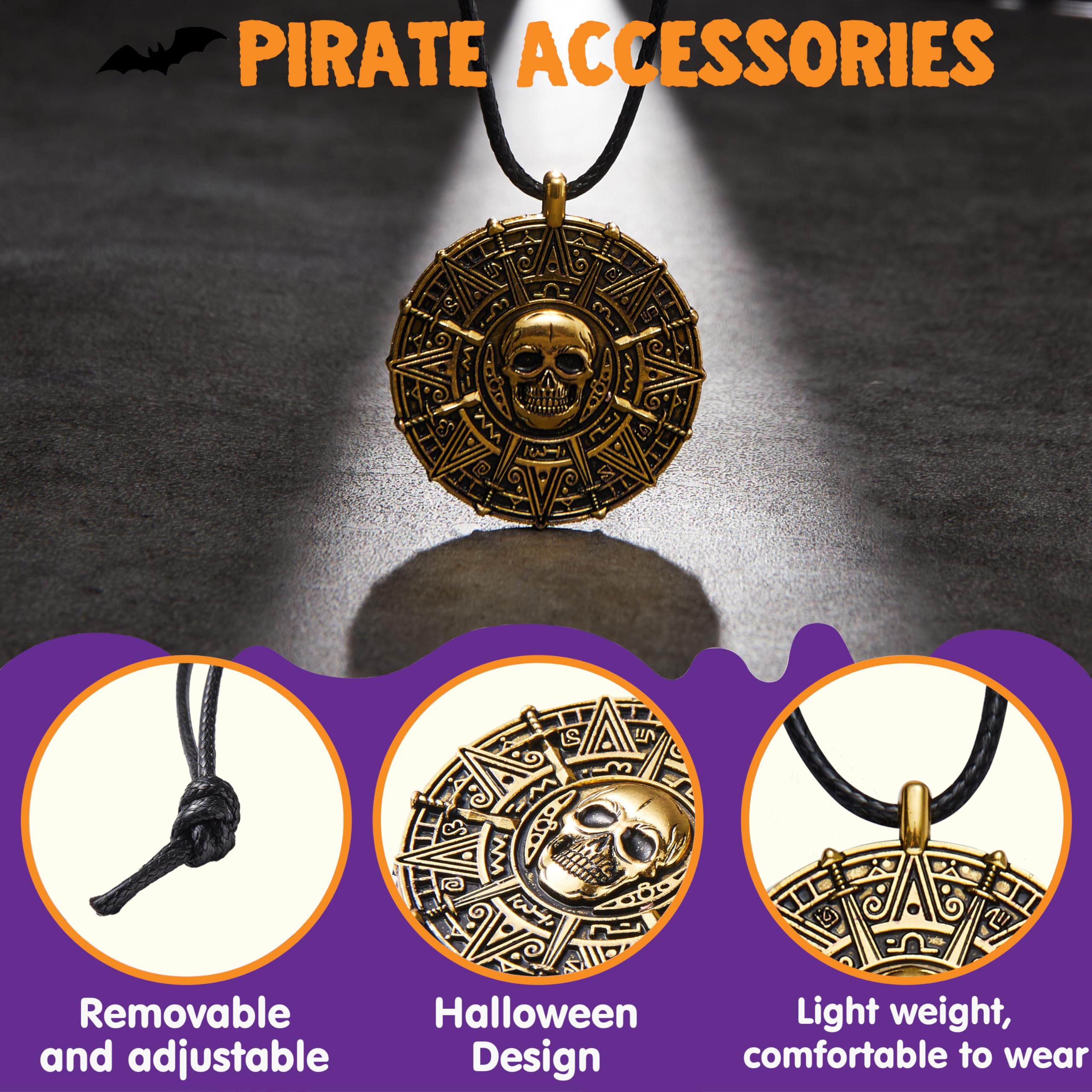 Spooktacular Creations Halloween Pirate Coin Necklace Pirate Skull Necklace Accessories for Men Women Halloween Cosplay, Pirates Costume, Halloween Dress Up Party Favors