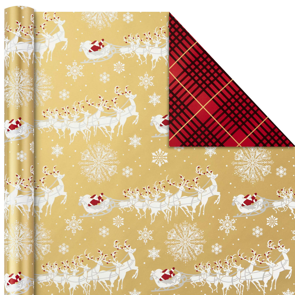 Hallmark Christmas Wrapping Paper Rolls - Traditional Holiday Gift Wrap Paper (Set of 3 Reversible Rolls: 120 sq. ft. Ttl) Red and Gold Snowflakes, Stripes, Plaid, Santa's Sleigh