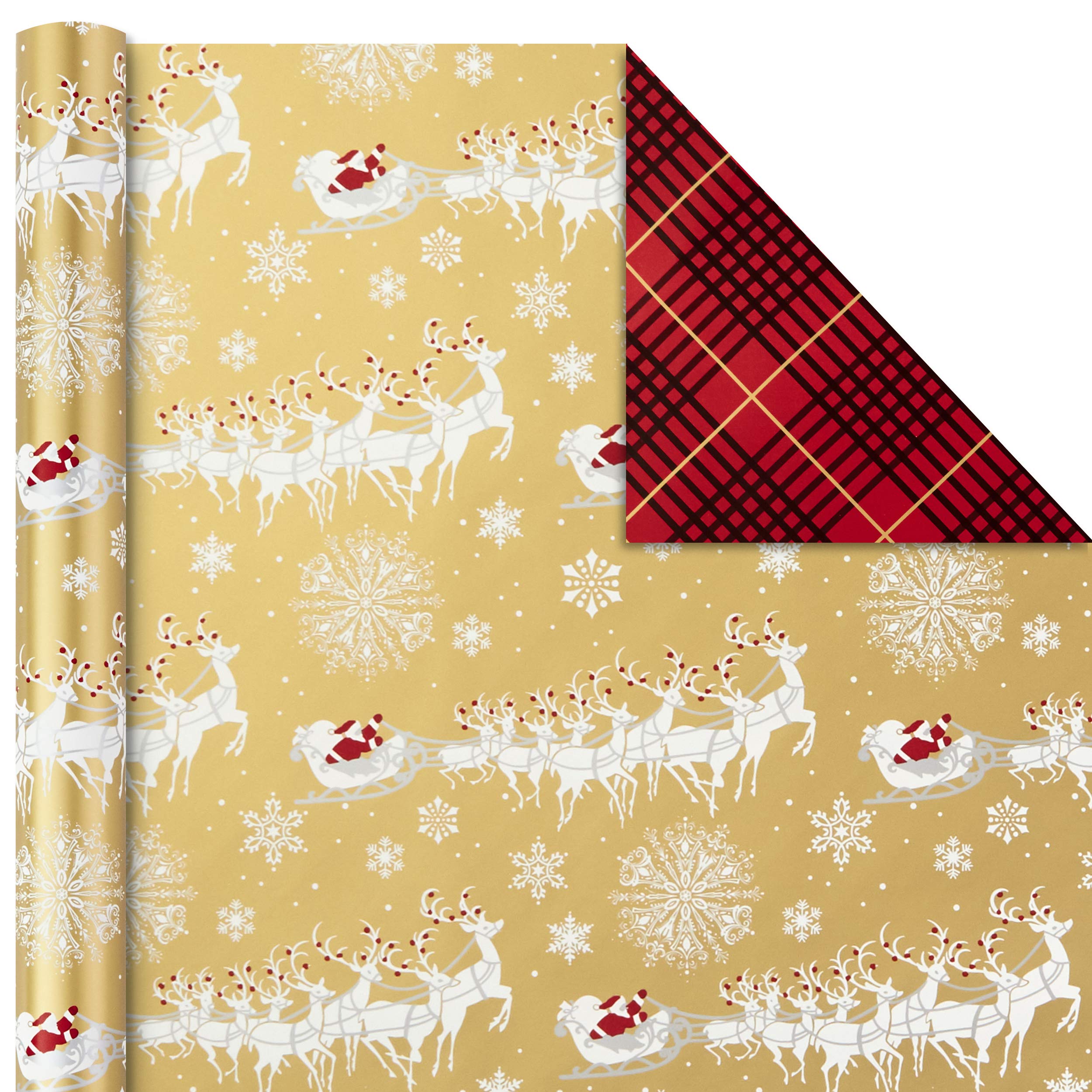 Hallmark Christmas Wrapping Paper Rolls - Traditional Holiday Gift Wrap Paper (Set of 3 Reversible Rolls: 120 sq. ft. Ttl) Red and Gold Snowflakes, Stripes, Plaid, Santa's Sleigh