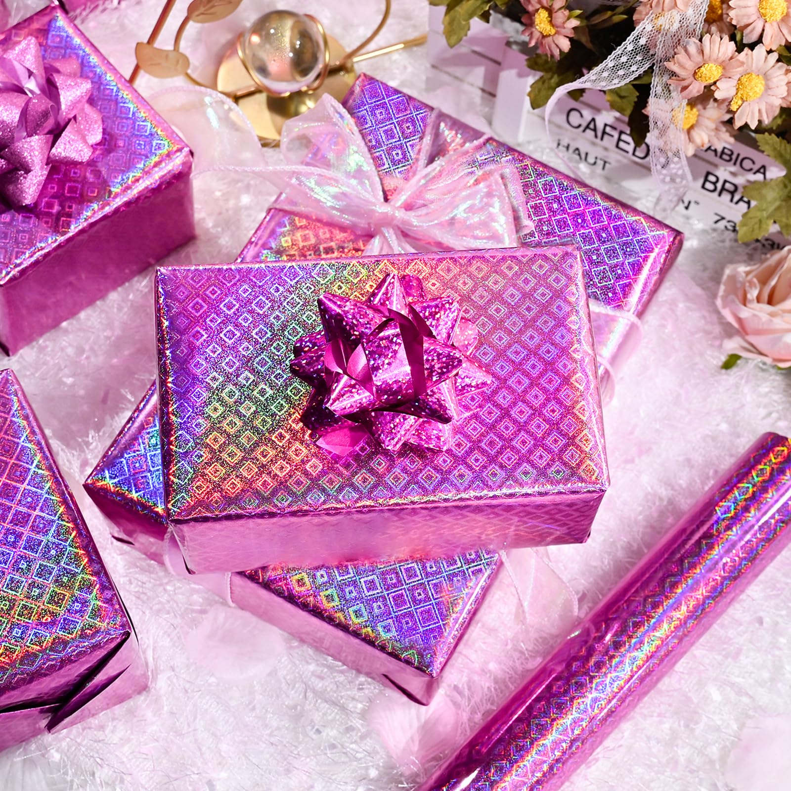 Burymento Black Wrapping Paper Roll, Metallic Holographic Stripe Gift Wrap for Birthday, Valentines, Mothers day, Graduation, Wedding, Fathers day, Baby Shower, Christmas (17 IN x 32.8 FT)
