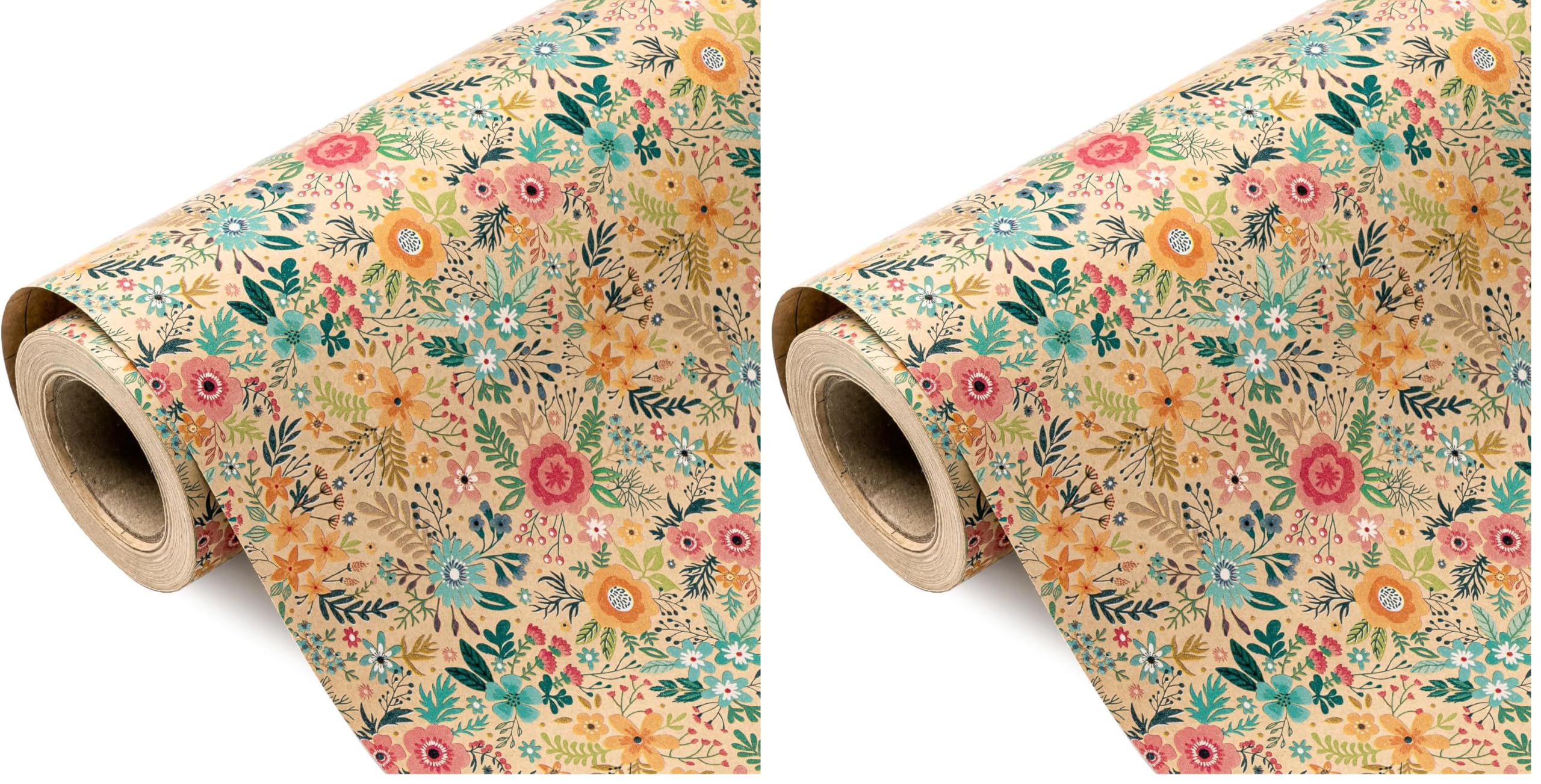 WRAPAHOLIC Kraft Floral Wrapping Paper Roll - Mini Roll - 17 Inch x 9.8 Feet - Spring Summer Garden Flower Design Perfect for Wedding, Bridal Shower, Birthday