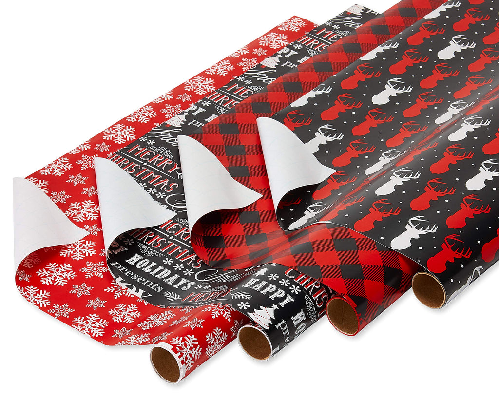 American Greetings Christmas Wrapping Paper, Red and Black Buffalo Plaid Holiday Gift Wrap Set (120 sq.ft., 4 rolls-30 in. x 12 ft., 7 Adhesive Bows, 30 Gift Tag Stickers) Rustic, Snowflakes, Reindeer