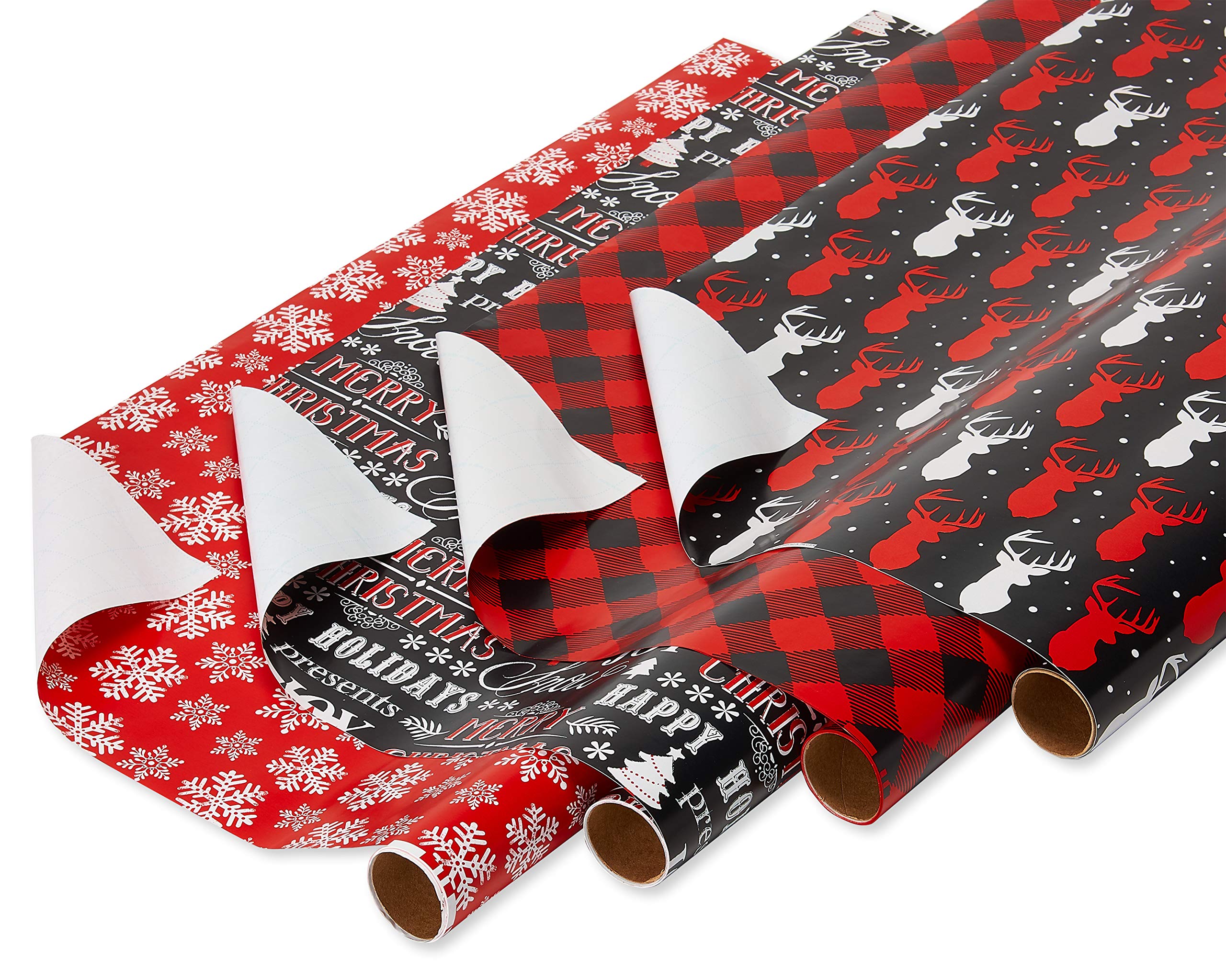 American Greetings Christmas Wrapping Paper, Red and Black Buffalo Plaid Holiday Gift Wrap Set (120 sq.ft., 4 rolls-30 in. x 12 ft., 7 Adhesive Bows, 30 Gift Tag Stickers) Rustic, Snowflakes, Reindeer