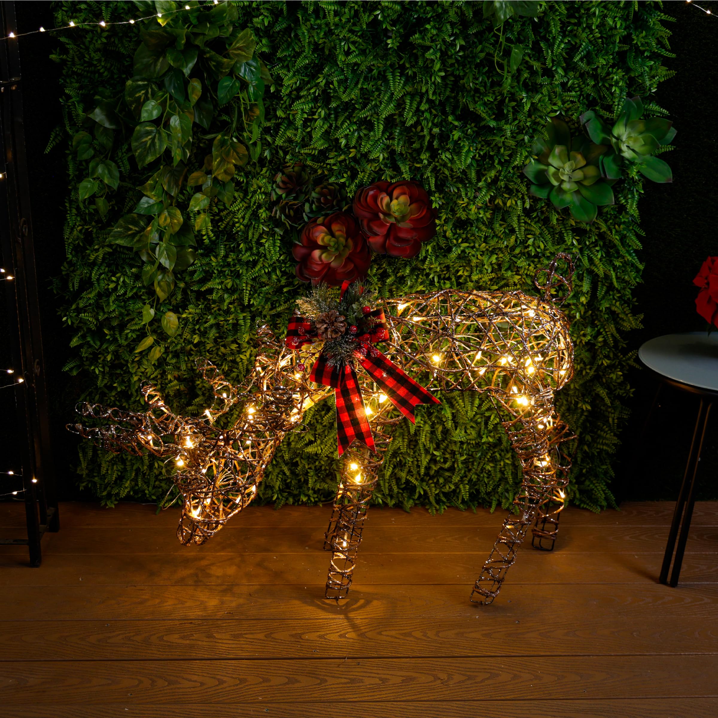 Alpine Corporation 24" Tall Outdoor Rattan Grazing Reindeer Lawn Decoration with White LED Lights, Indoor/Outdoor Christmas Holiday Yard Decor Garden Display