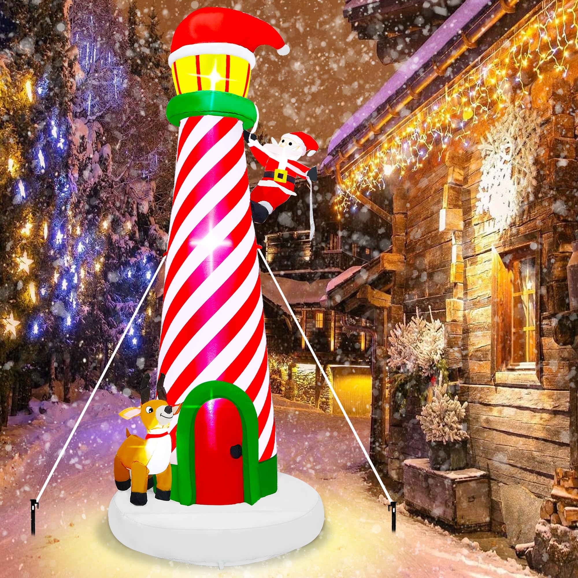 Lulu Home 9FT Christmas Inflatable Decorations, Giant Lighted Lighthouse with Santa and Reindeer, Xmas Blowups with Drawstring Bags for Winter Holiday Yard Lawn Garden Outdoor Decor
