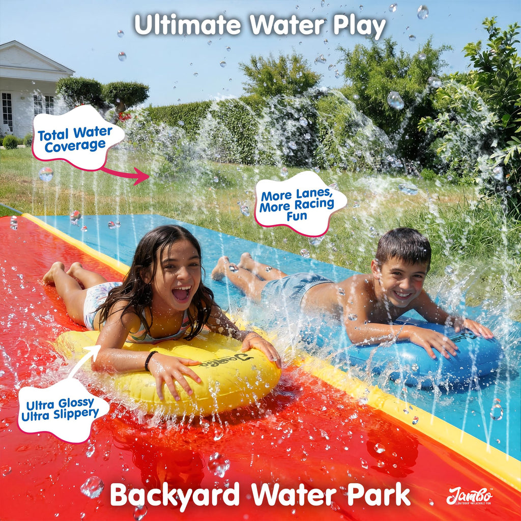 JAMBO Premium Triple Water Slide with 3 Bodyboards, 20Ft Heavy Duty Slip Splash and Slides-Advanced 3-Way Sprinkler System, Splash Pad Mat Backyard Summer Outdoor Water Toys n Long Slides for Kids