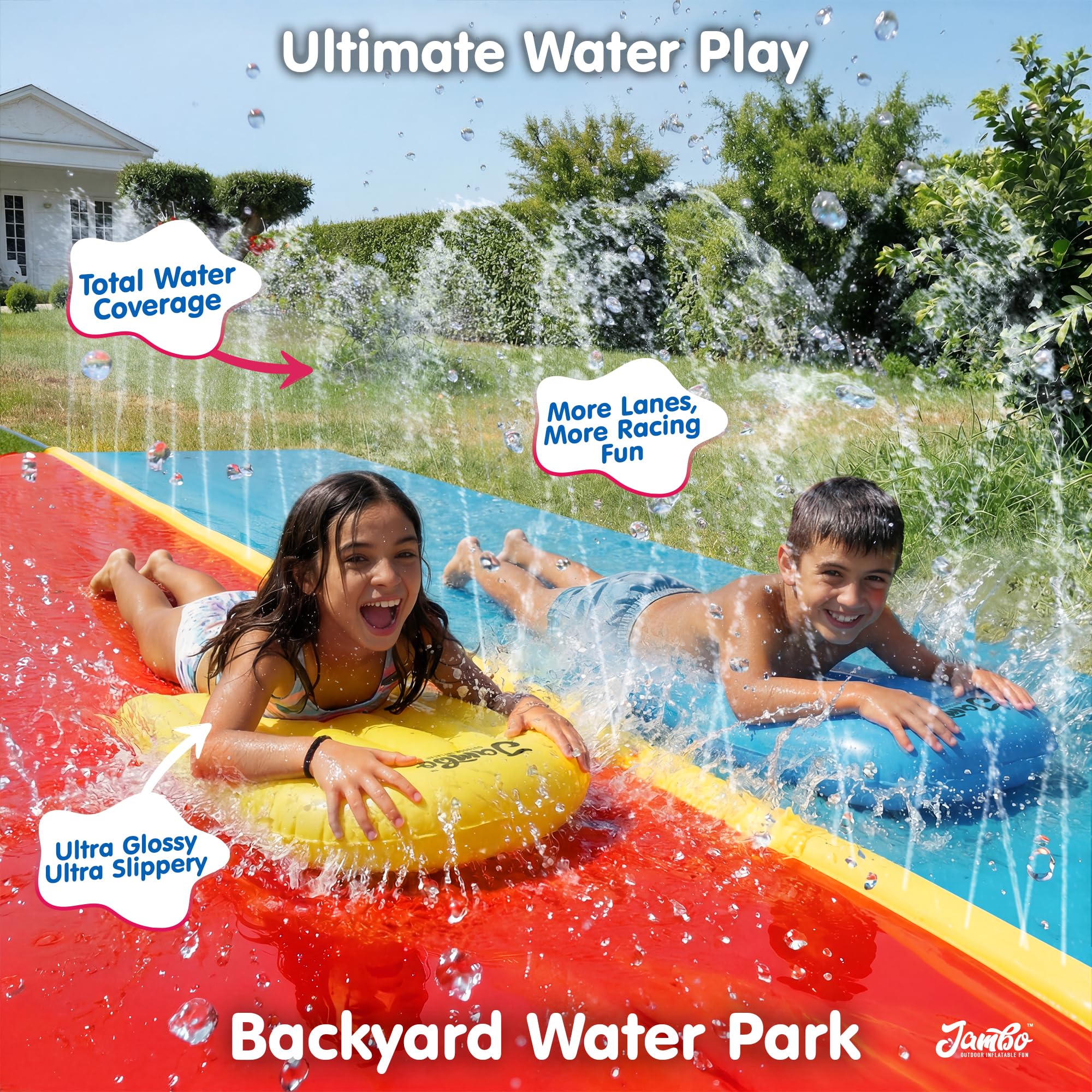 JAMBO Premium Triple Water Slide with 3 Bodyboards, 20Ft Heavy Duty Slip Splash and Slides-Advanced 3-Way Sprinkler System, Splash Pad Mat Backyard Summer Outdoor Water Toys n Long Slides for Kids