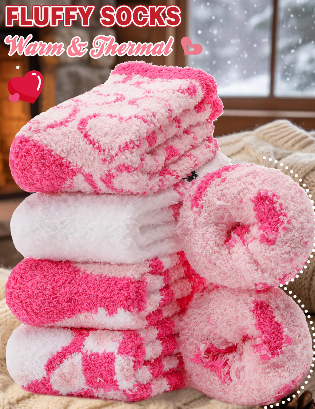 Womens Fuzzy Socks Warm Fluffy Cozy Winter Slipper Thick Fleece Heart Socks 5 Pairs