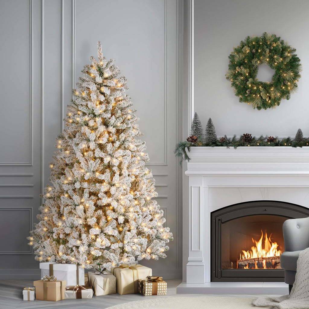 National Tree Company 7.5 ft Pre-Lit Flocked Acacia Artificial Christmas Tree, 550 Clear Lights, 1,300 Branch Tips, Includes Stand, Green