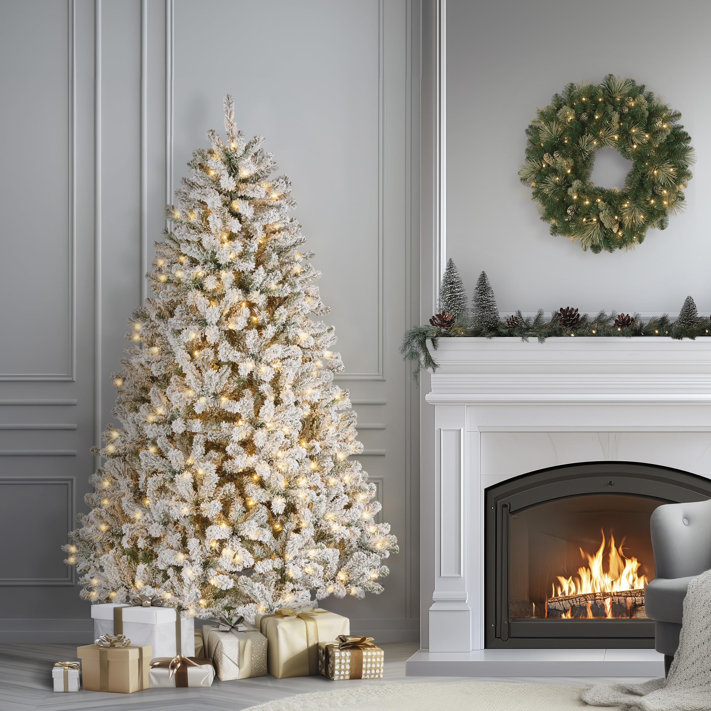 National Tree Company 7.5 ft Pre-Lit Flocked Acacia Artificial Christmas Tree, 550 Clear Lights, 1,300 Branch Tips, Includes Stand, Green