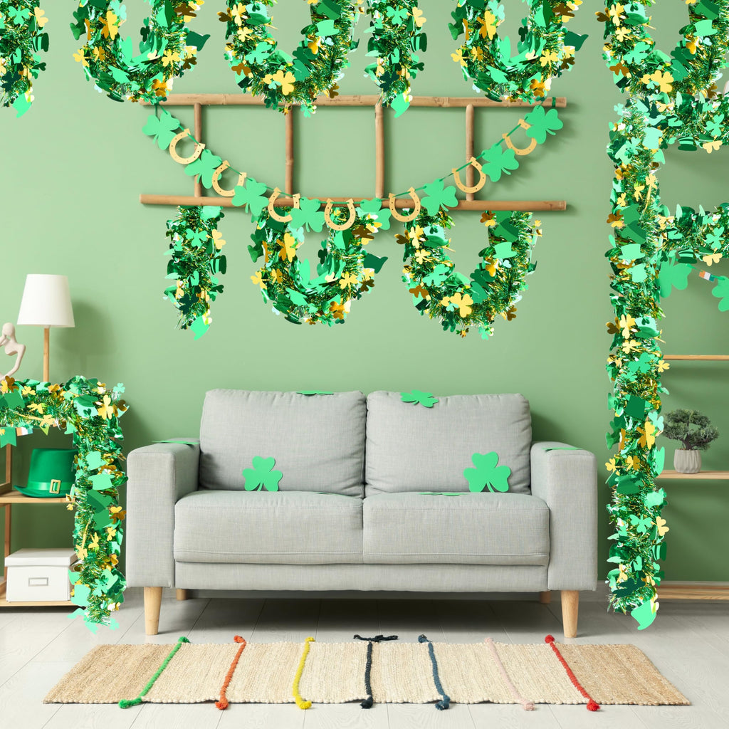 50FT St. Patrick's Day Tinsel Garland Shamrock Hat Green Gold Metallic Tinsel Twist Garland for Irish Saint Patricks Day Party Home Decor Indoor Outdoor Decoration