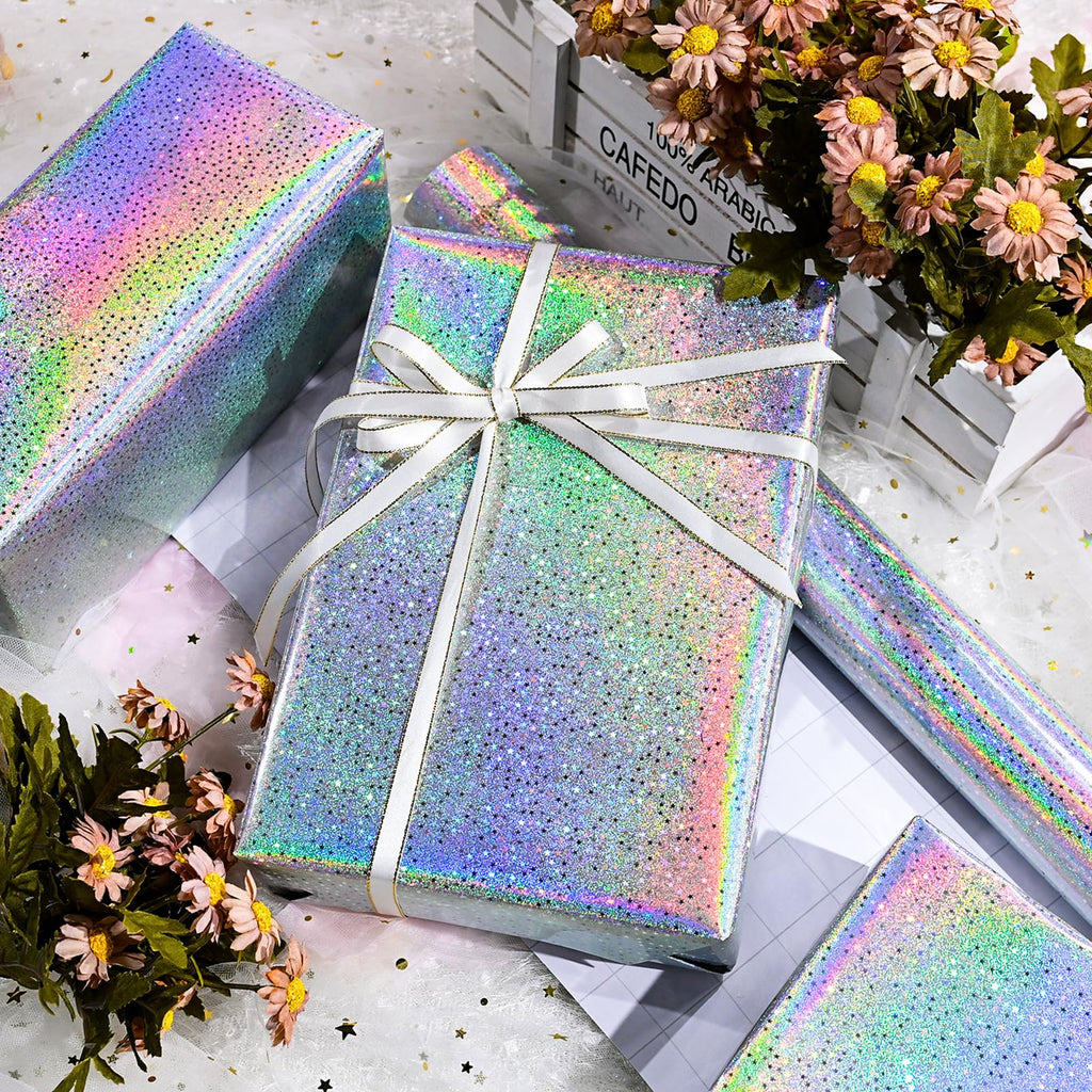 Burymento Black Wrapping Paper Roll, Metallic Holographic Stripe Gift Wrap for Birthday, Valentines, Mothers day, Graduation, Wedding, Fathers day, Baby Shower, Christmas (17 IN x 32.8 FT)